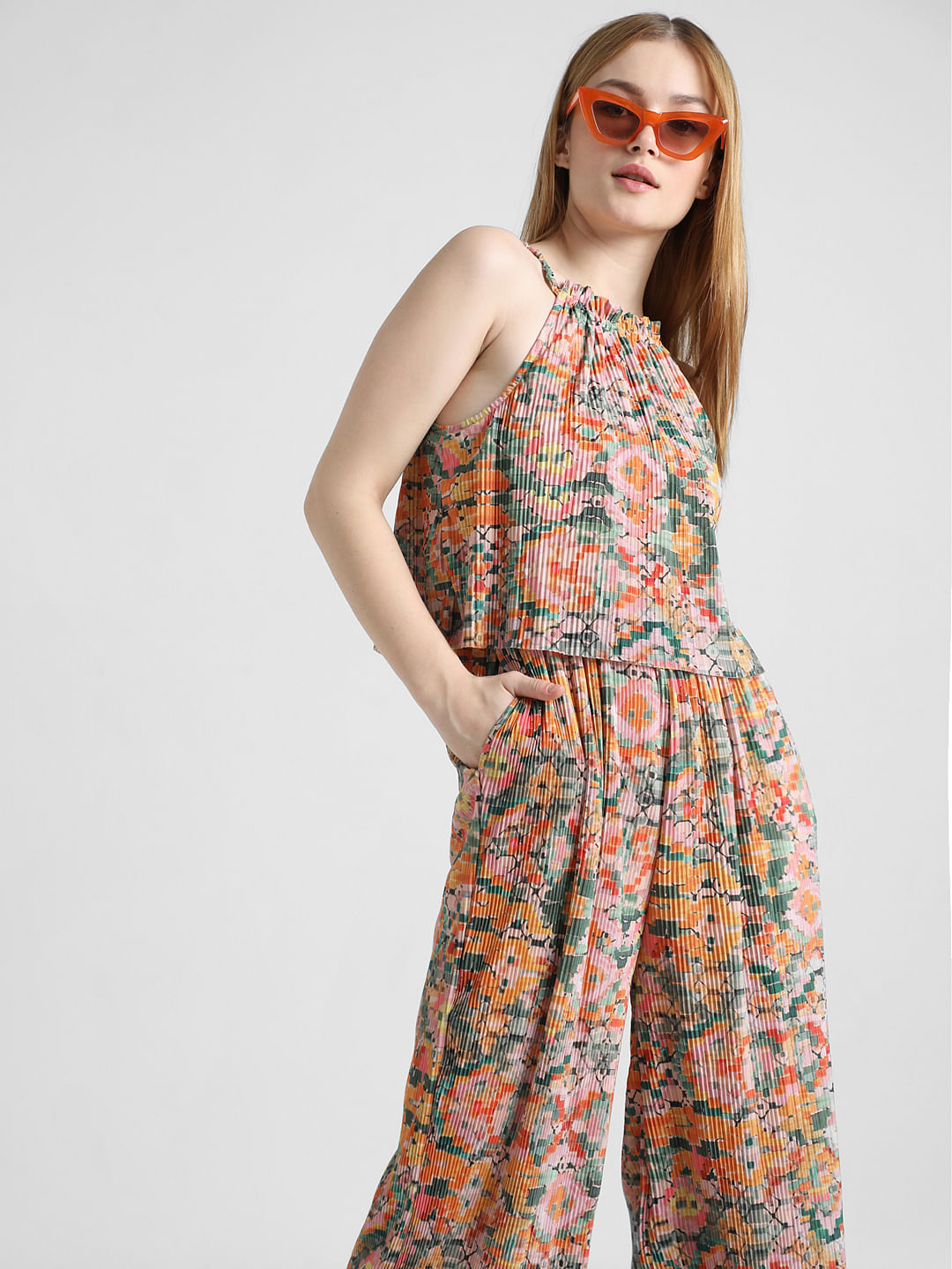 Orange Floral Pleated Jumpsuit