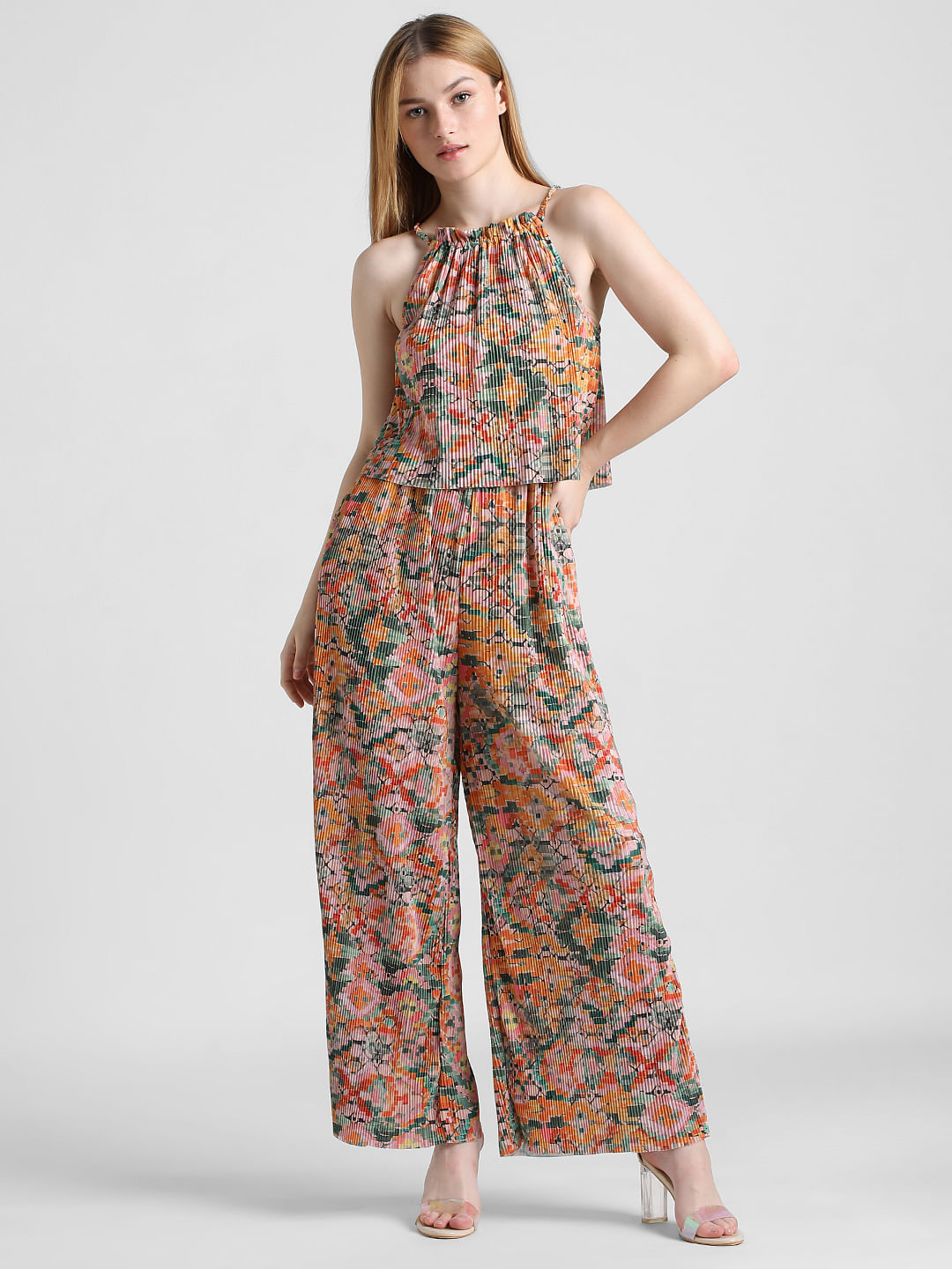 Orange Floral Pleated Jumpsuit
