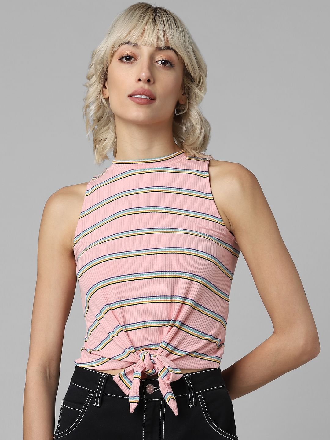 Pink Striped Tie Up Top