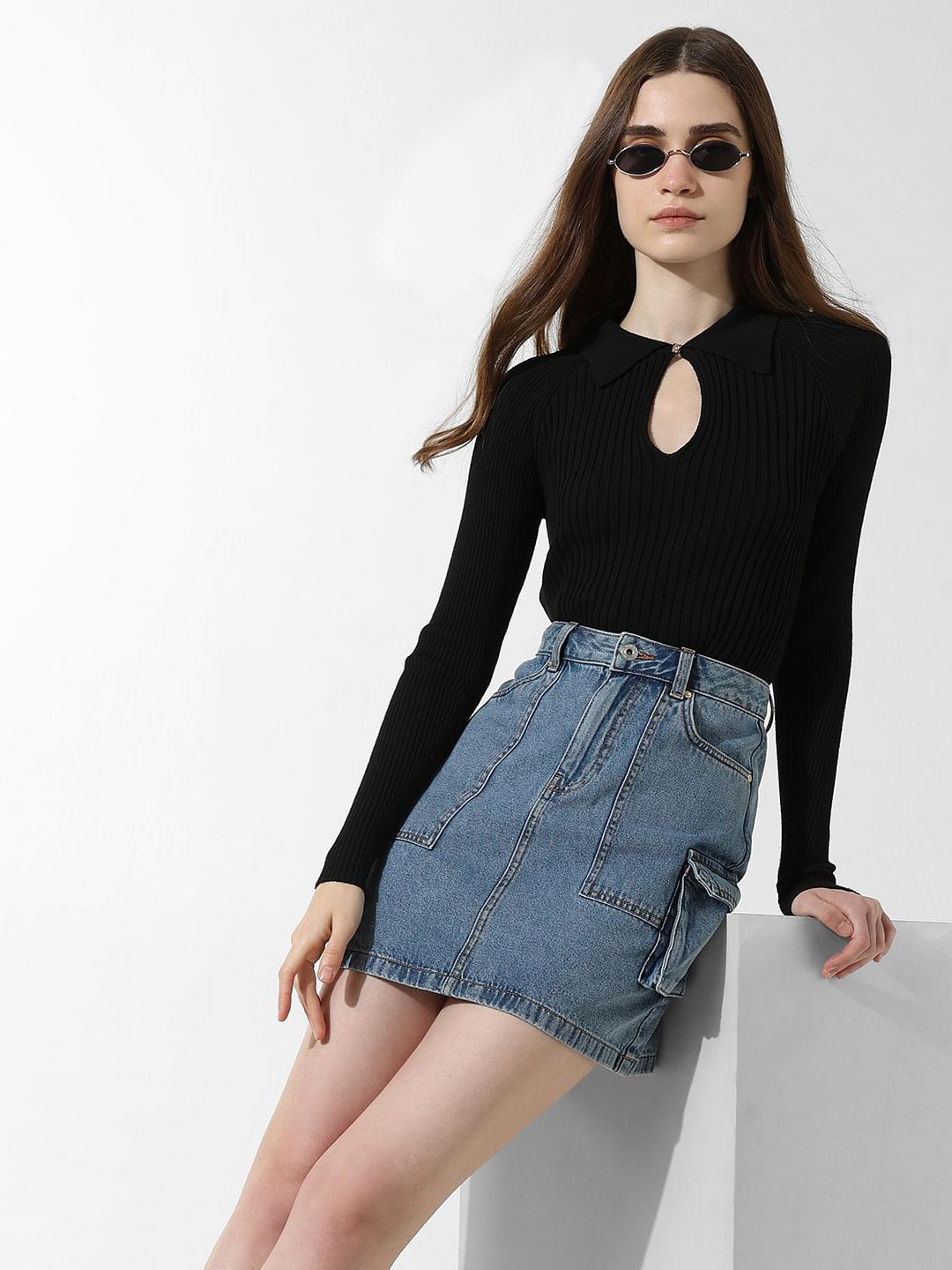 Blue High Rise Cargo Denim Skirt