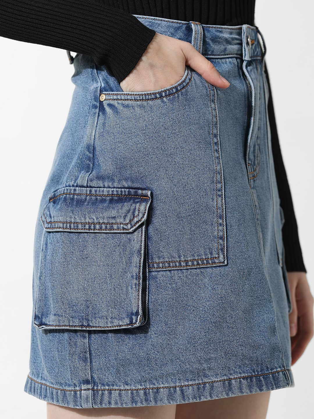 Blue High Rise Cargo Denim Skirt