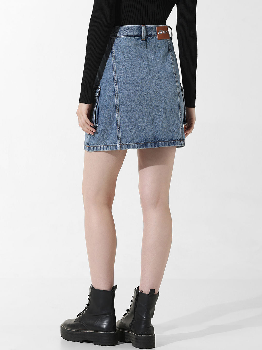 Blue High Rise Cargo Denim Skirt