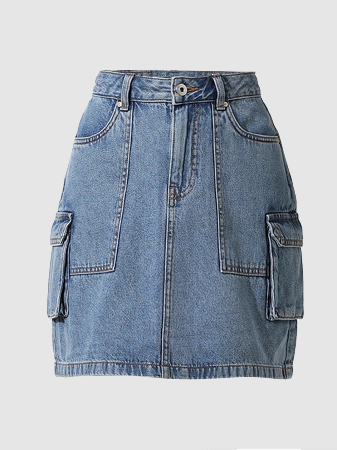 Blue High Rise Cargo Denim Skirt
