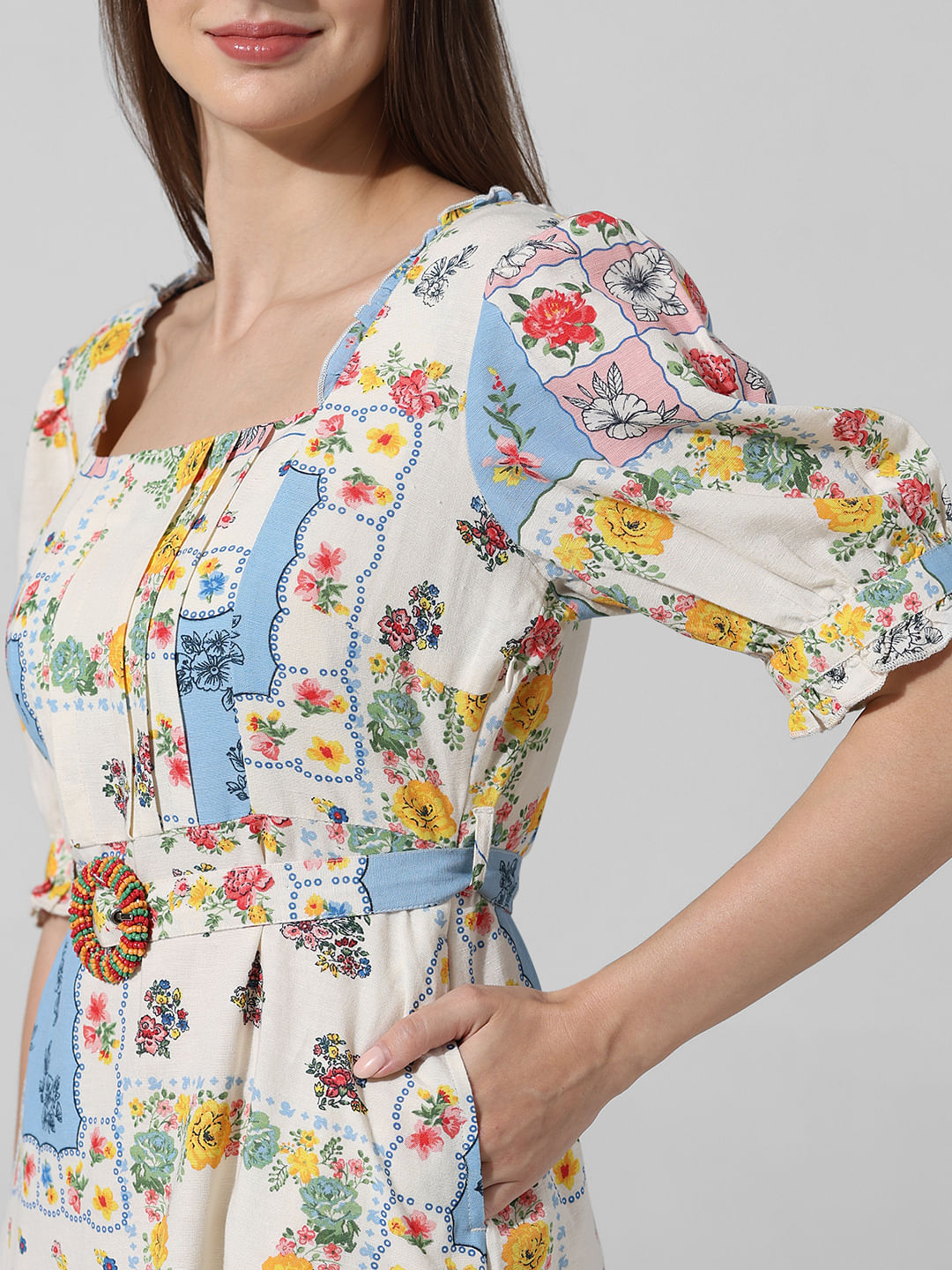 Multi-Colour Printed Puff Sleeves Dress