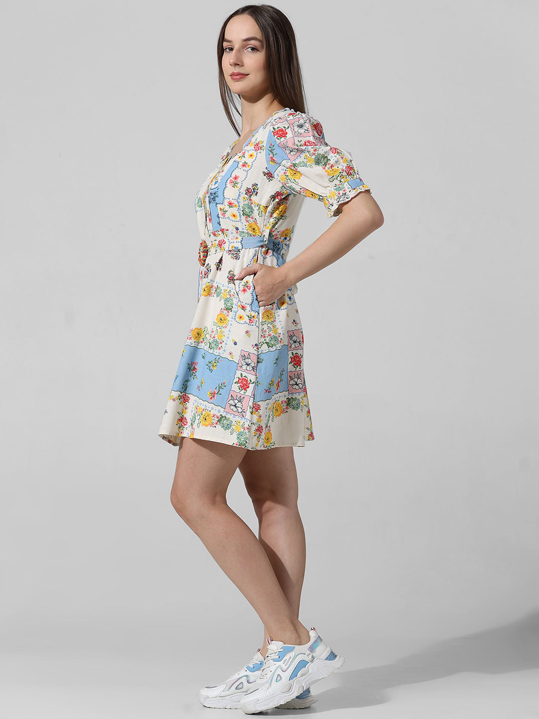 Multi-Colour Printed Puff Sleeves Dress