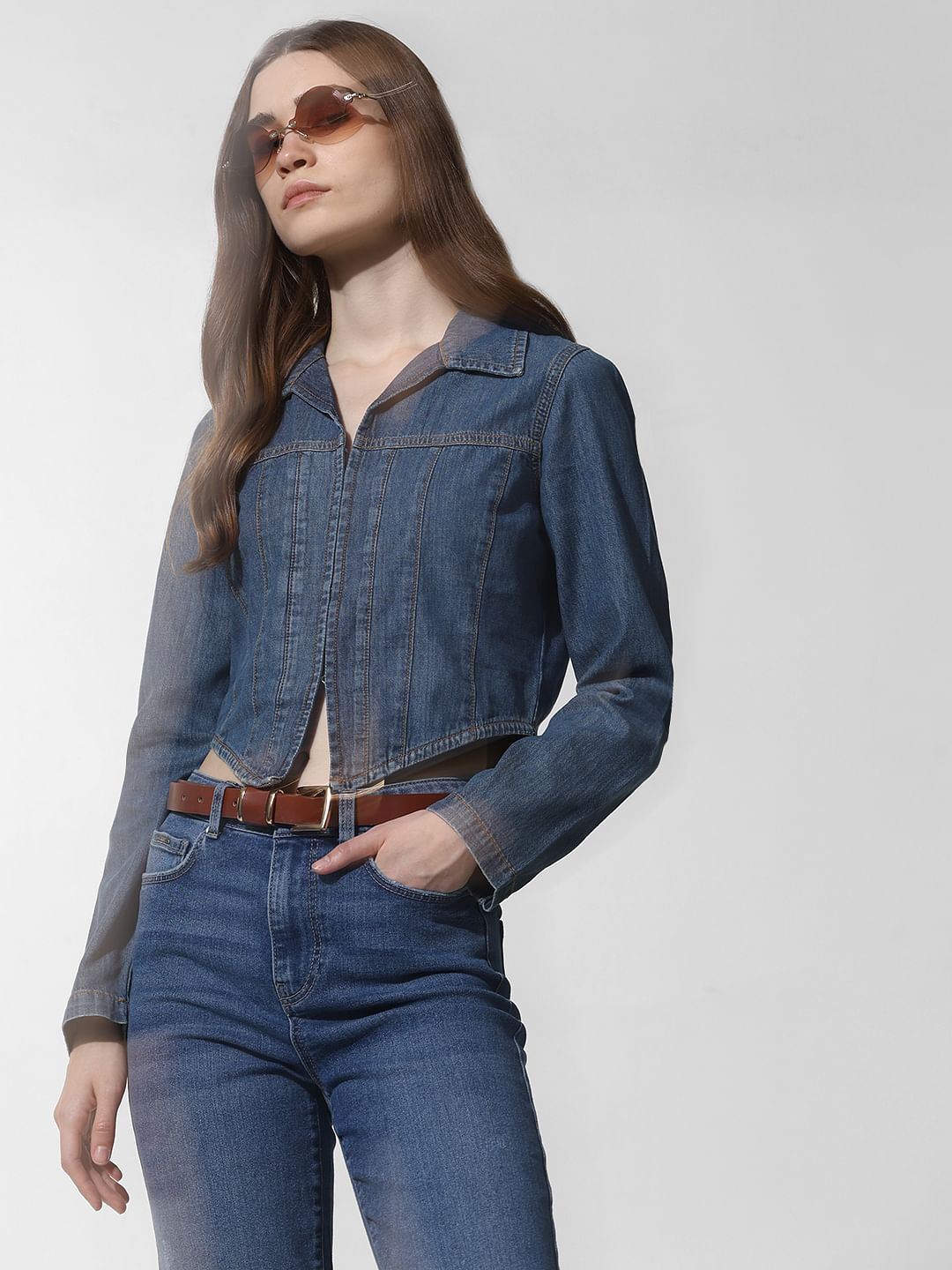 Blue Cropped Denim Shirt