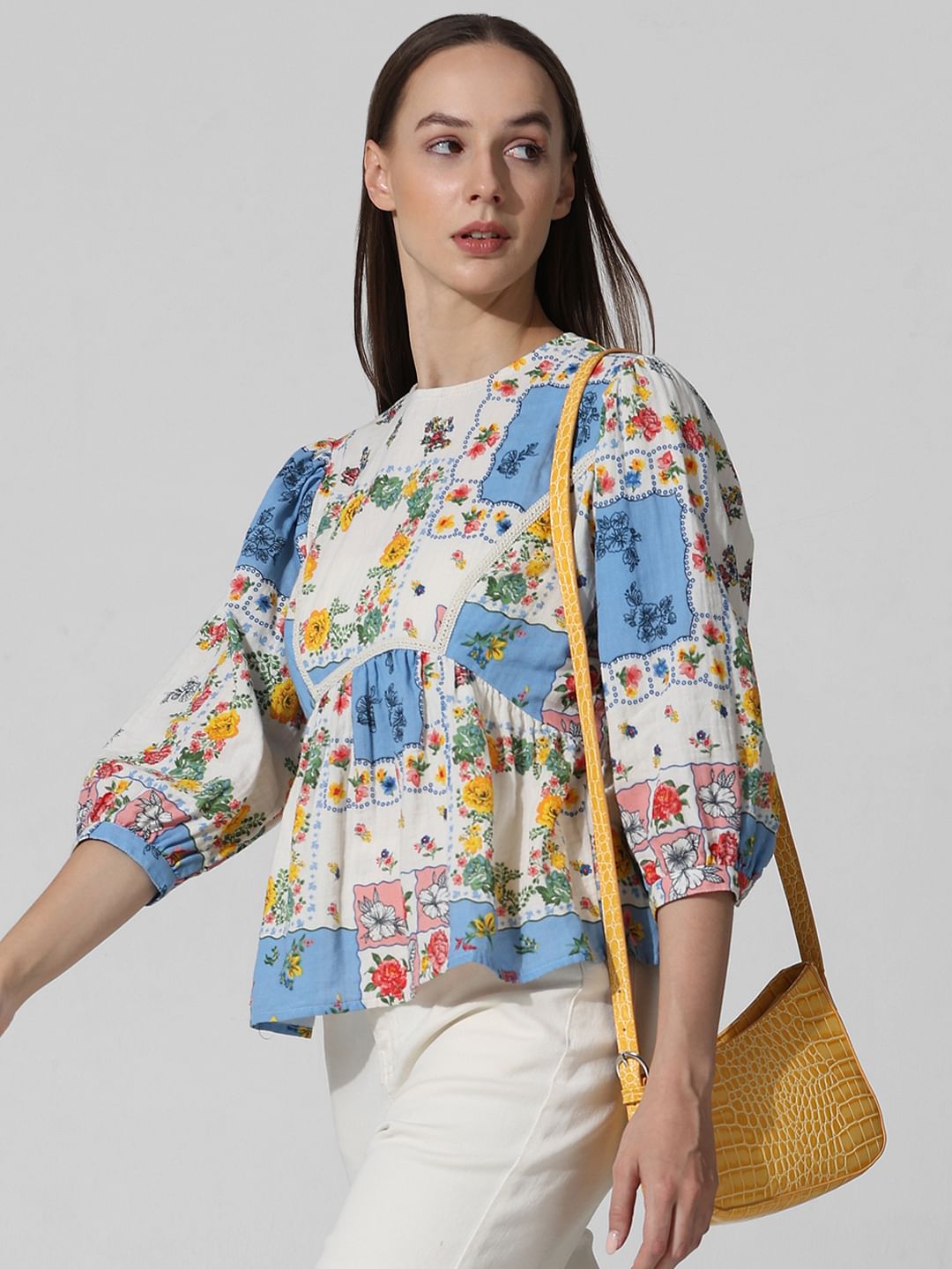White Printed Peplum Top - 34