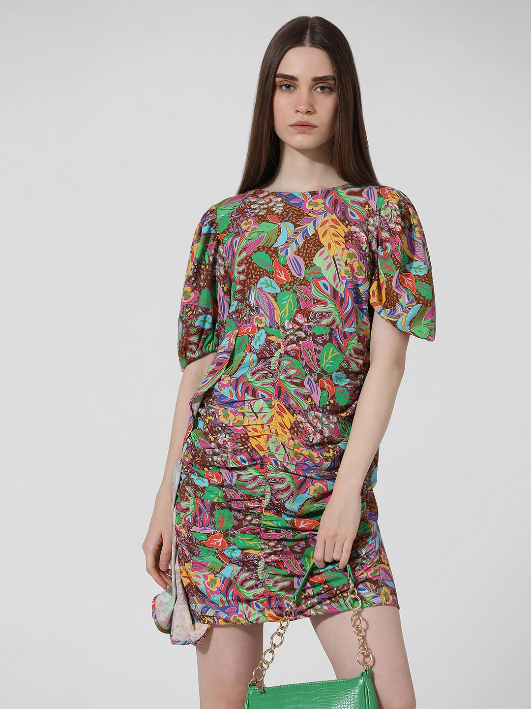 Brown Abstract Print Gathered Dress