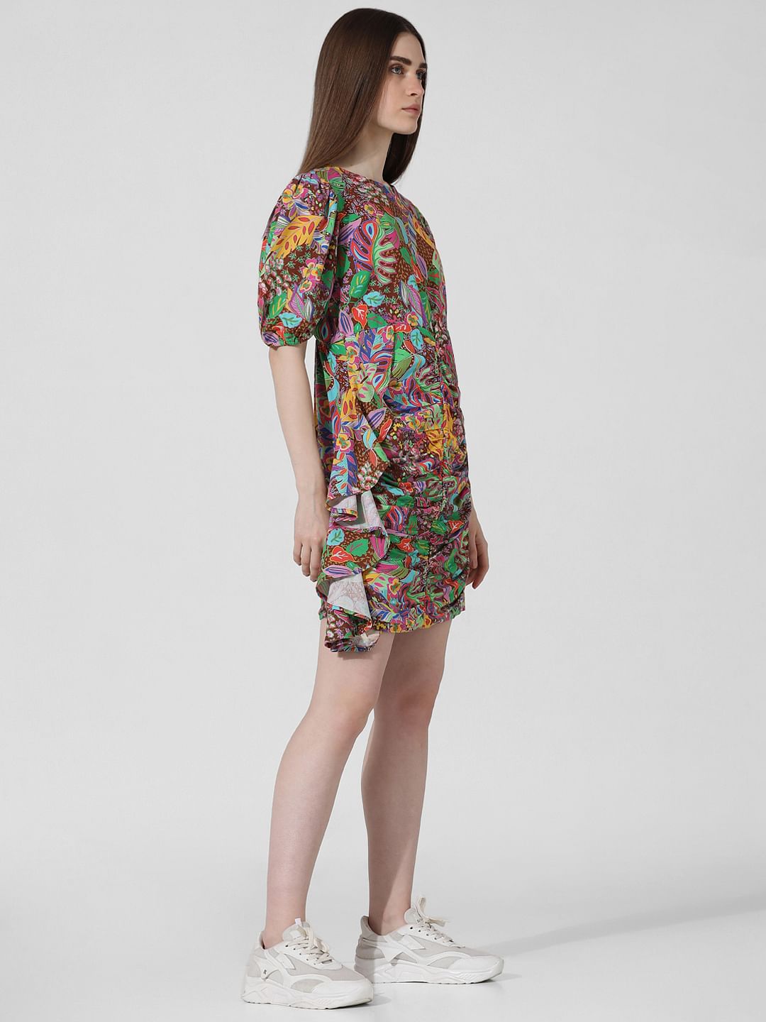Brown Abstract Print Gathered Dress