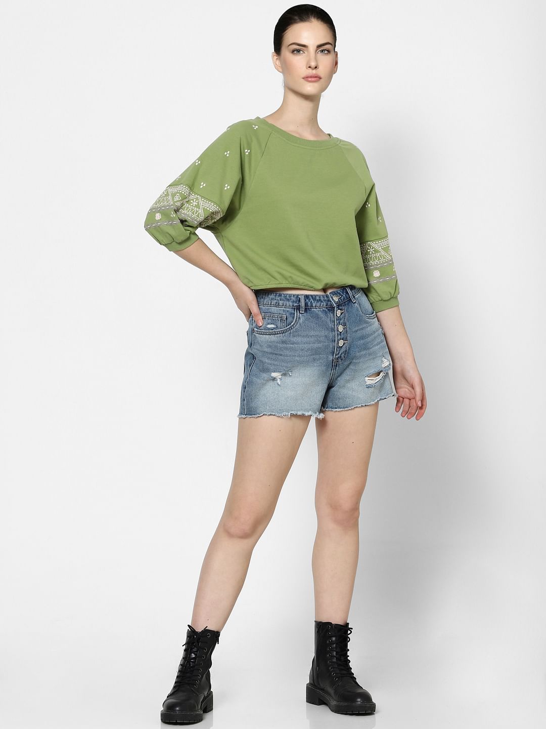 Green Cropped Embroidered Sleeves Sweatshirt