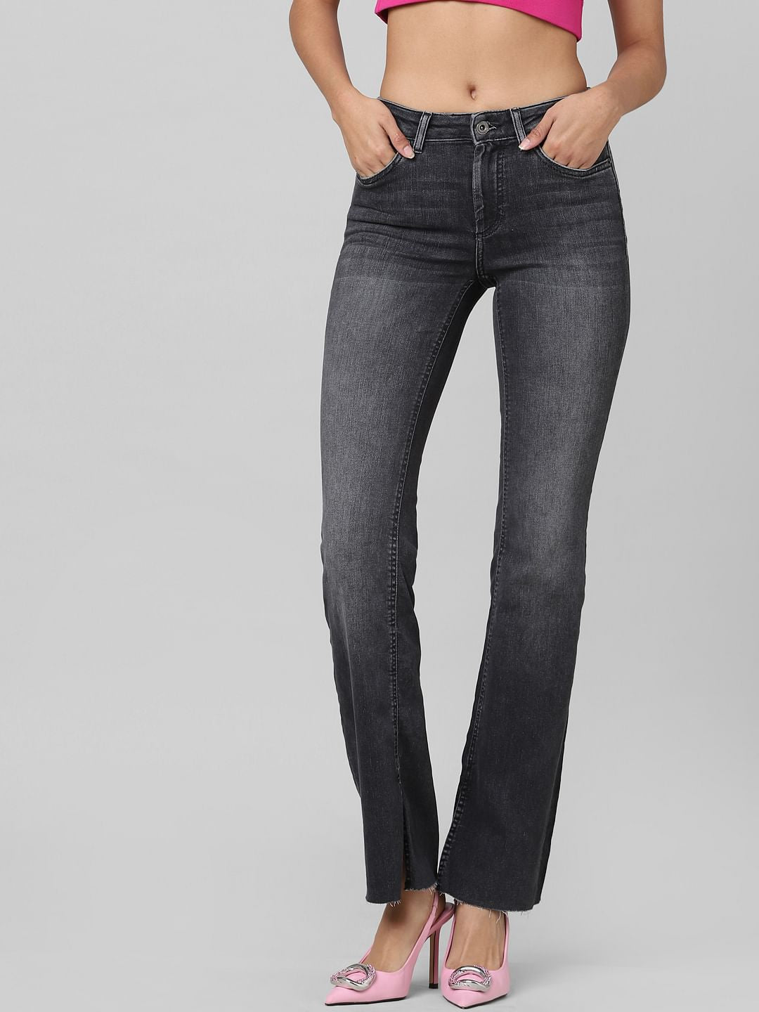 Black High Rise Raw Edge Flared Jeans