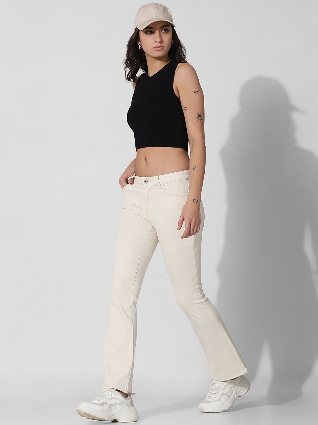 Ecru Mid Rise Flared Jeans - 26