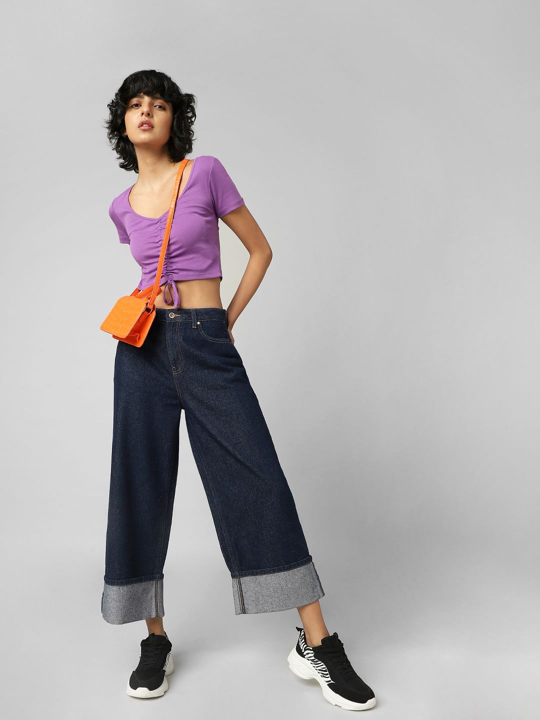 Dark Blue Mid Rise Wide Leg Jeans