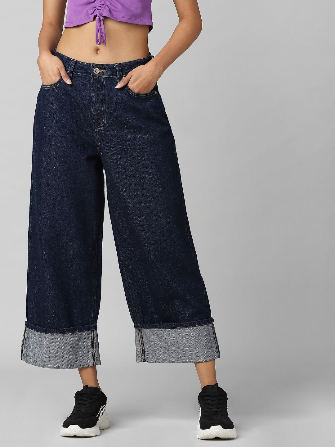 Dark Blue Mid Rise Wide Leg Jeans