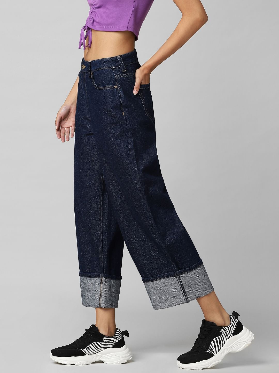 Dark Blue Mid Rise Wide Leg Jeans