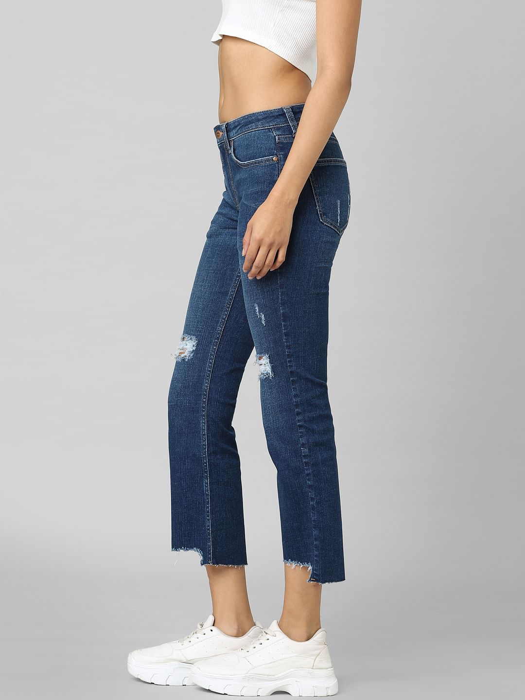 Blue Mid Rise Ripped Flared Jeans