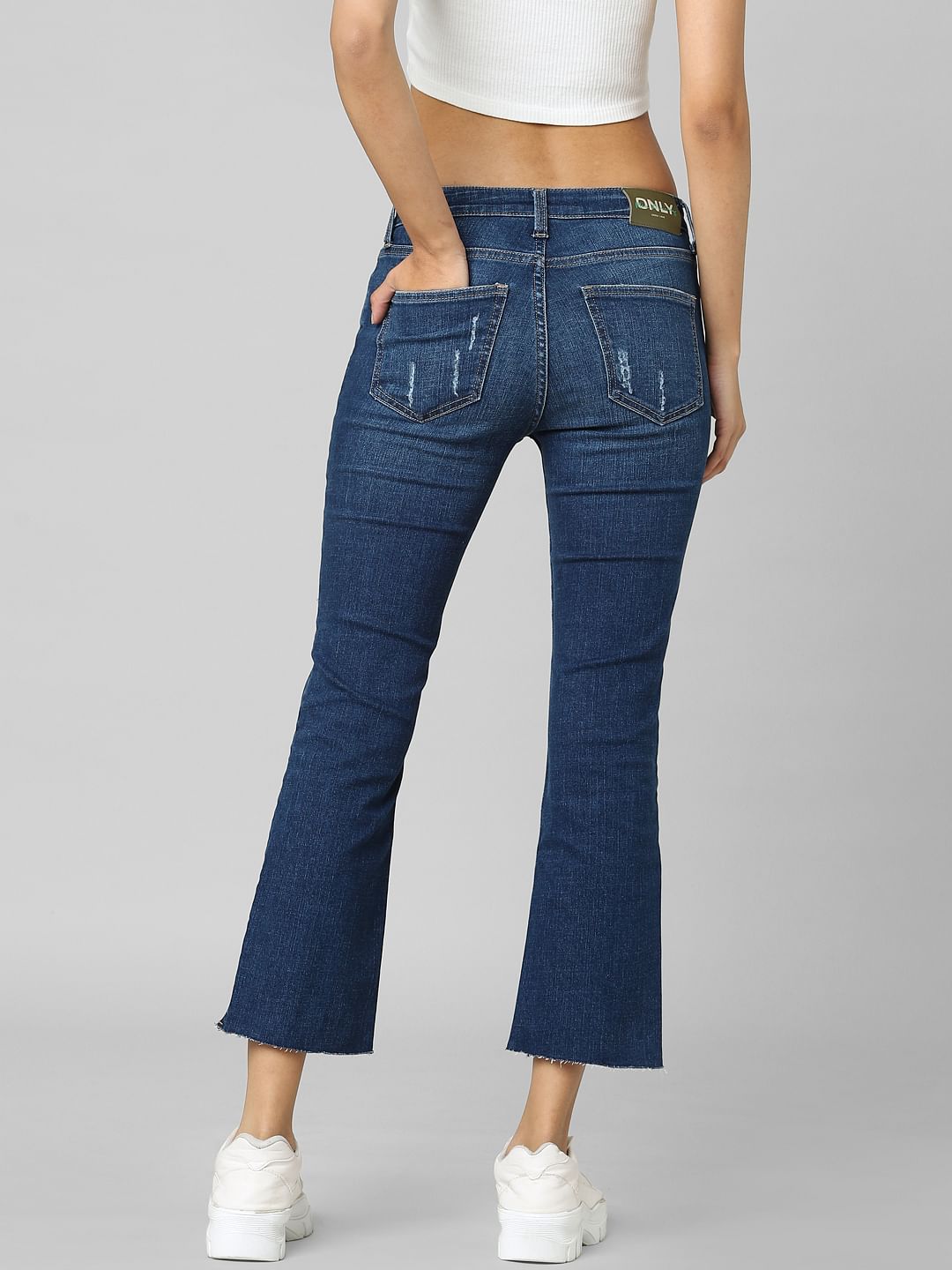 Blue Mid Rise Ripped Flared Jeans