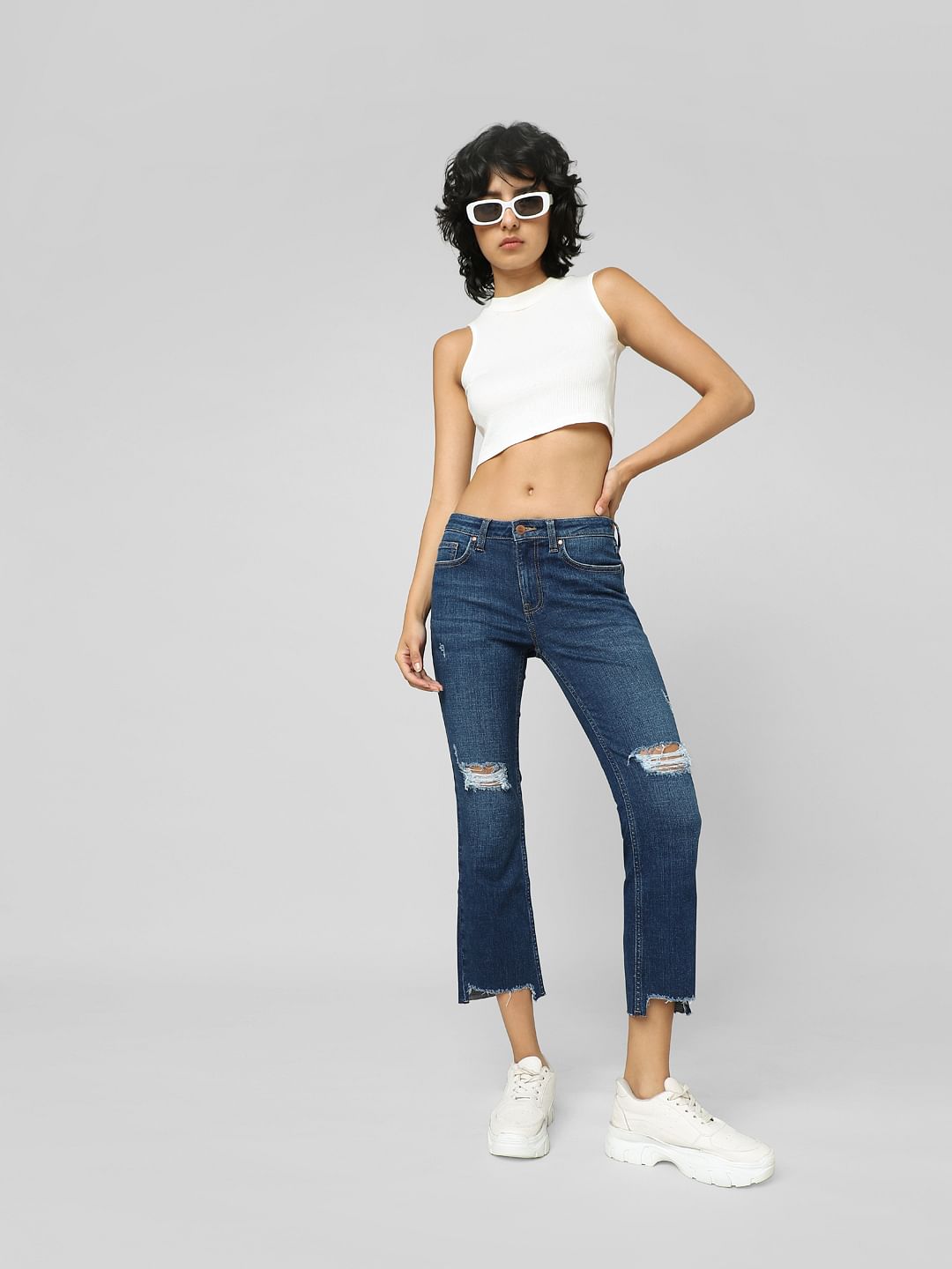 Blue Mid Rise Ripped Flared Jeans