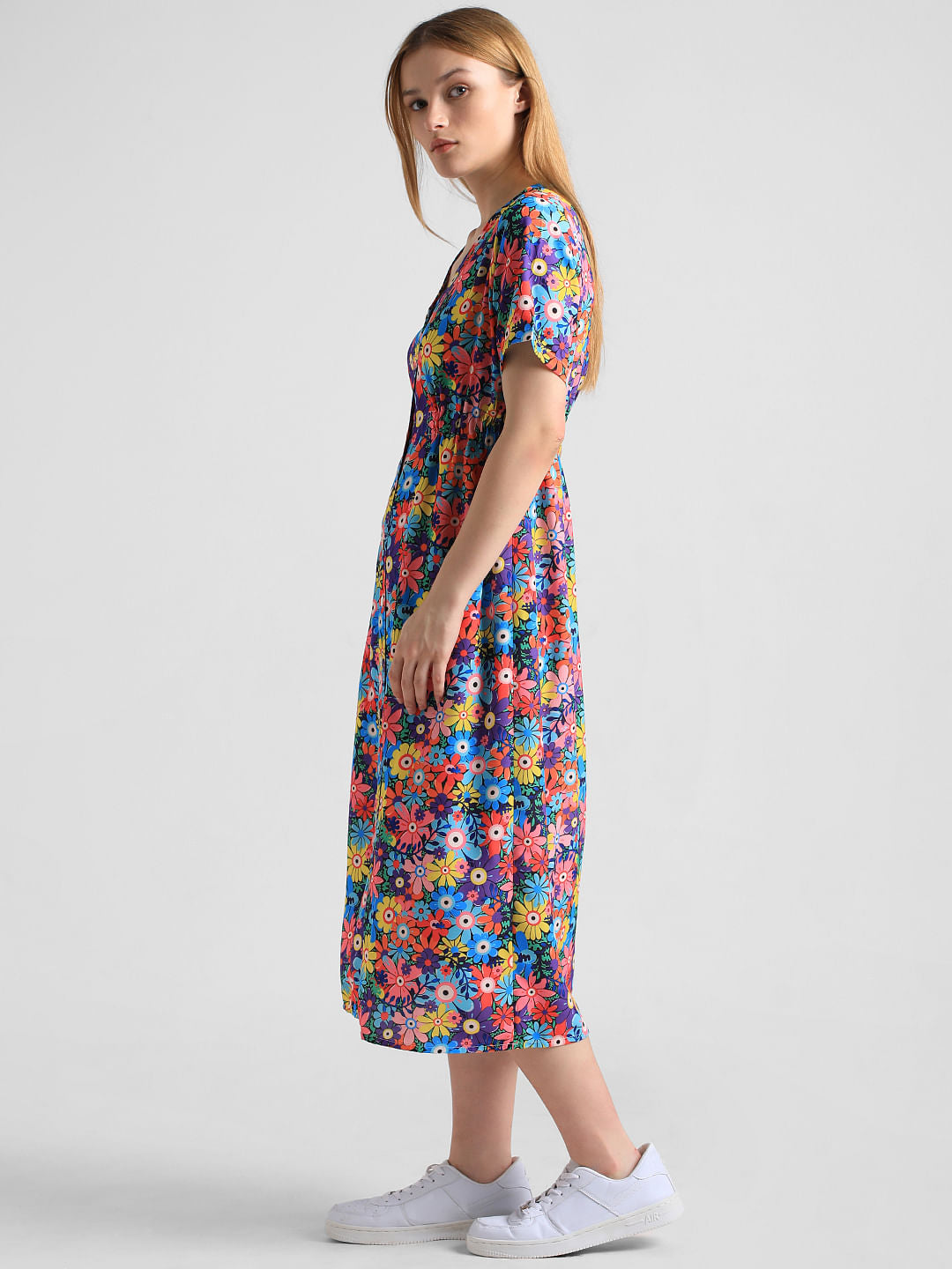 Blue Floral Print Midi Dress
