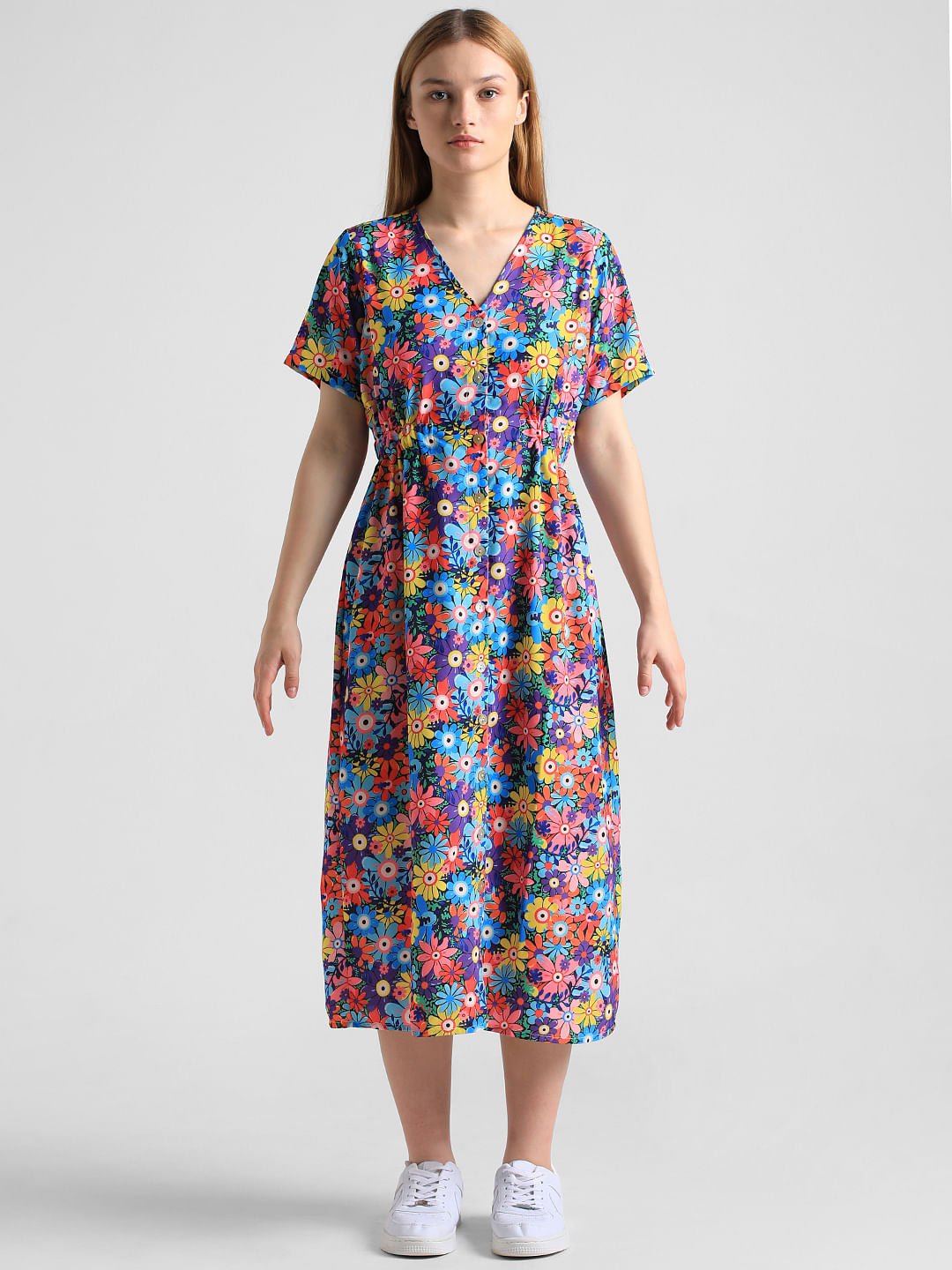 Blue Floral Print Midi Dress