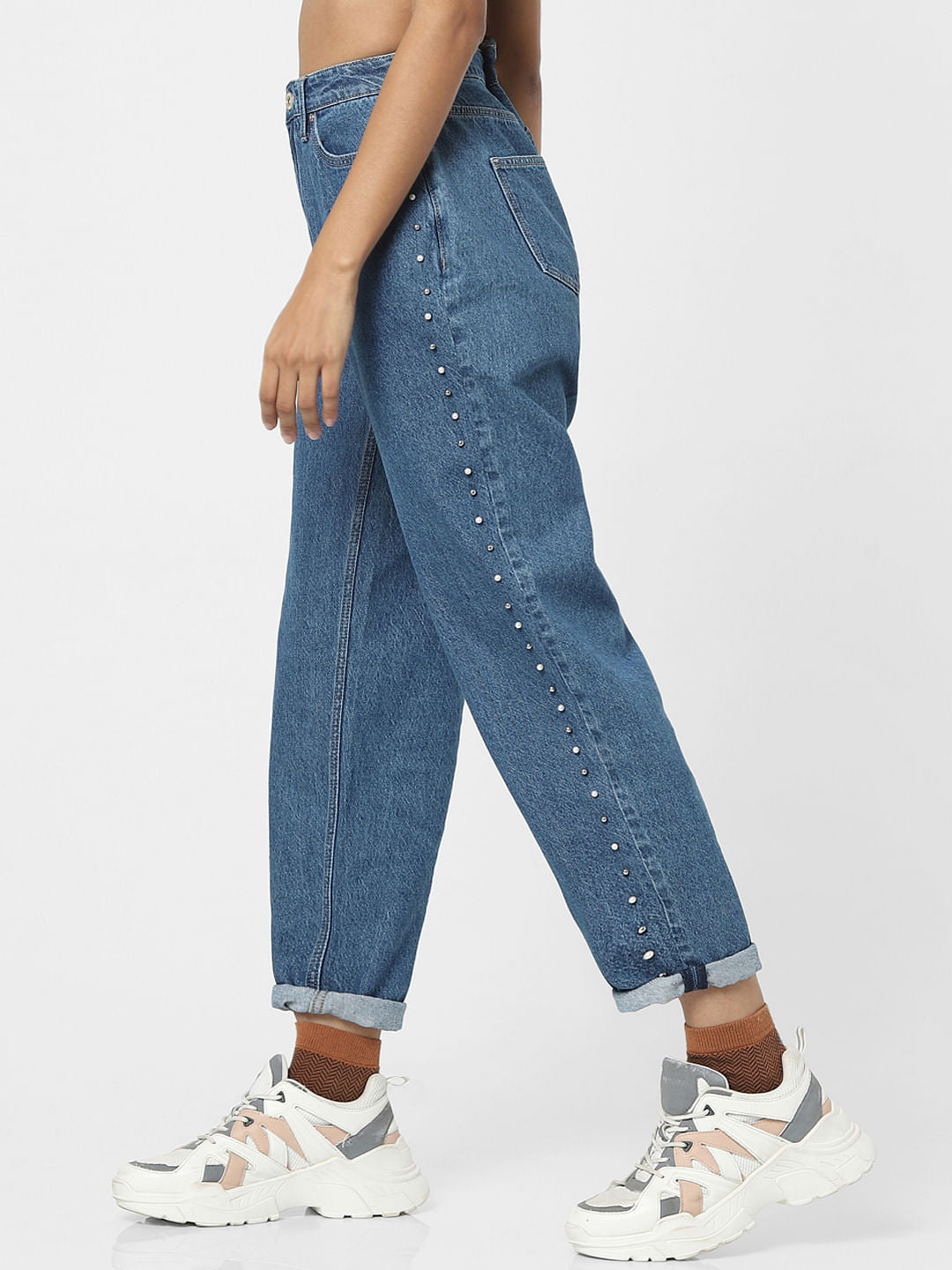 Blue High Rise Embellished Carrot Fit Jeans