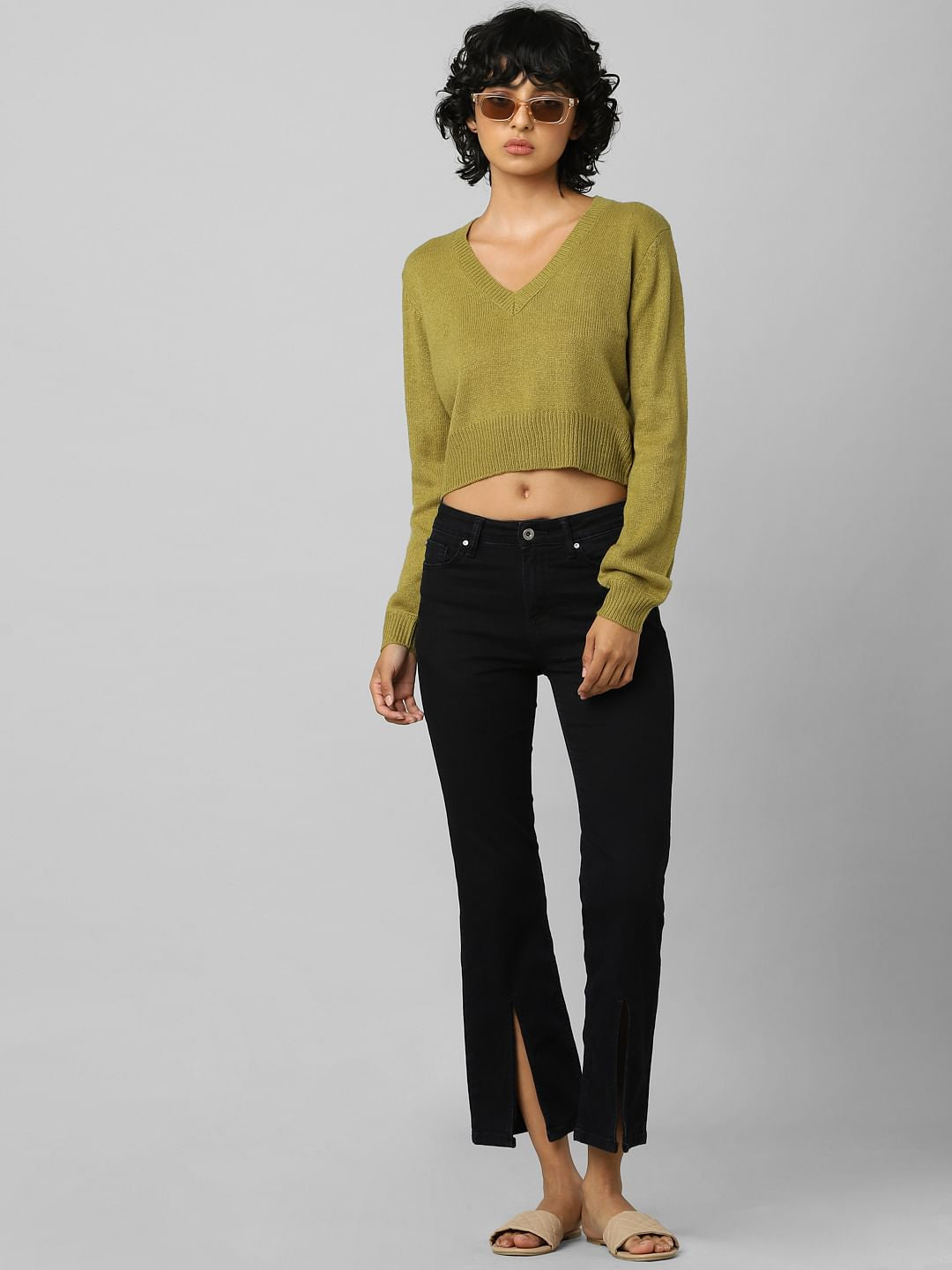 Black High Rise Front Slit Flared Jeans