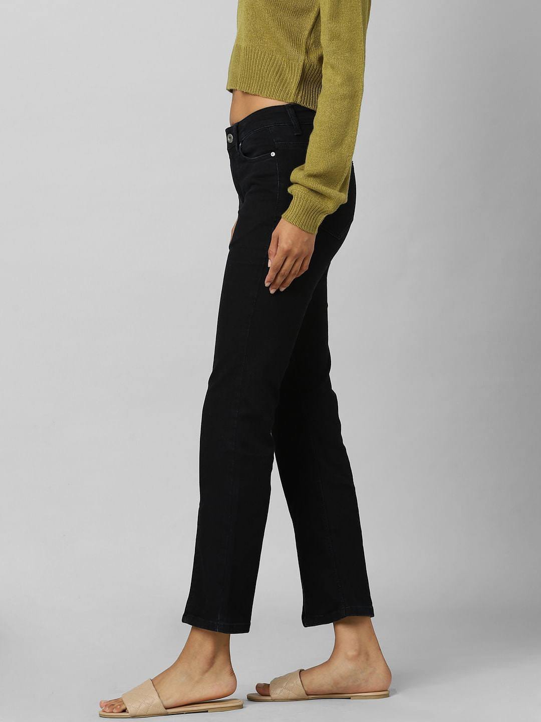 Black High Rise Front Slit Flared Jeans