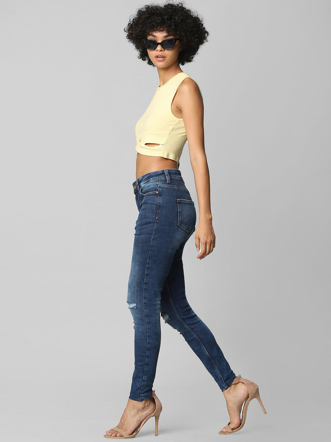Blue High Rise Knee-Cut Skinny Jeans