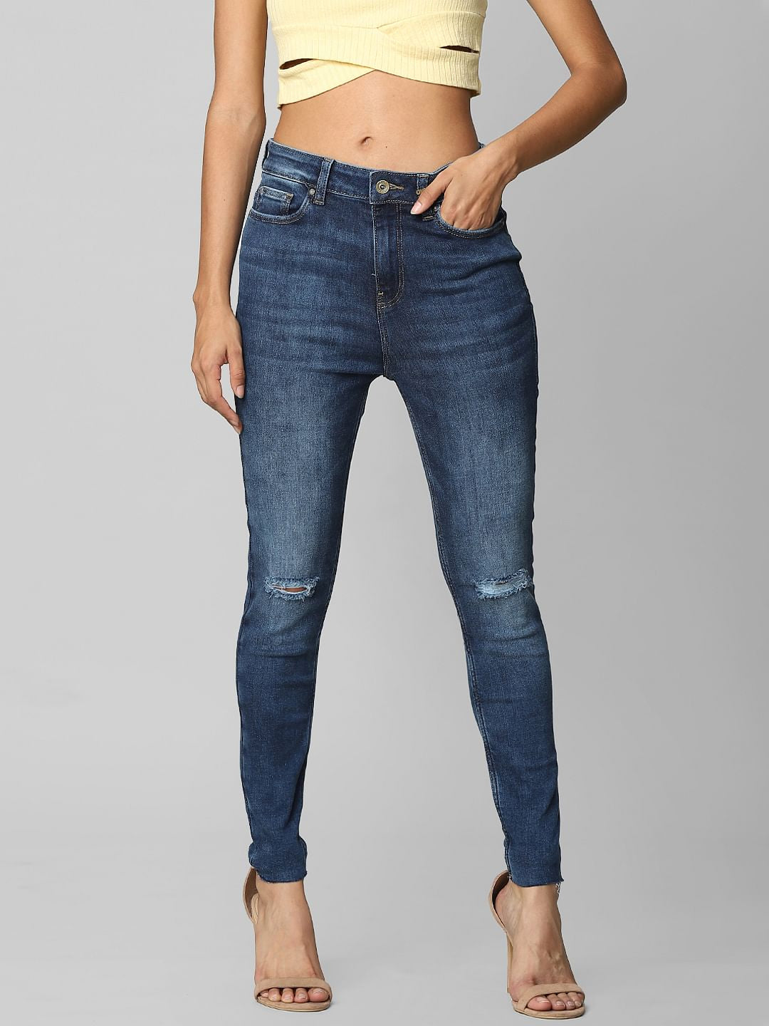 Blue High Rise Knee-Cut Skinny Jeans
