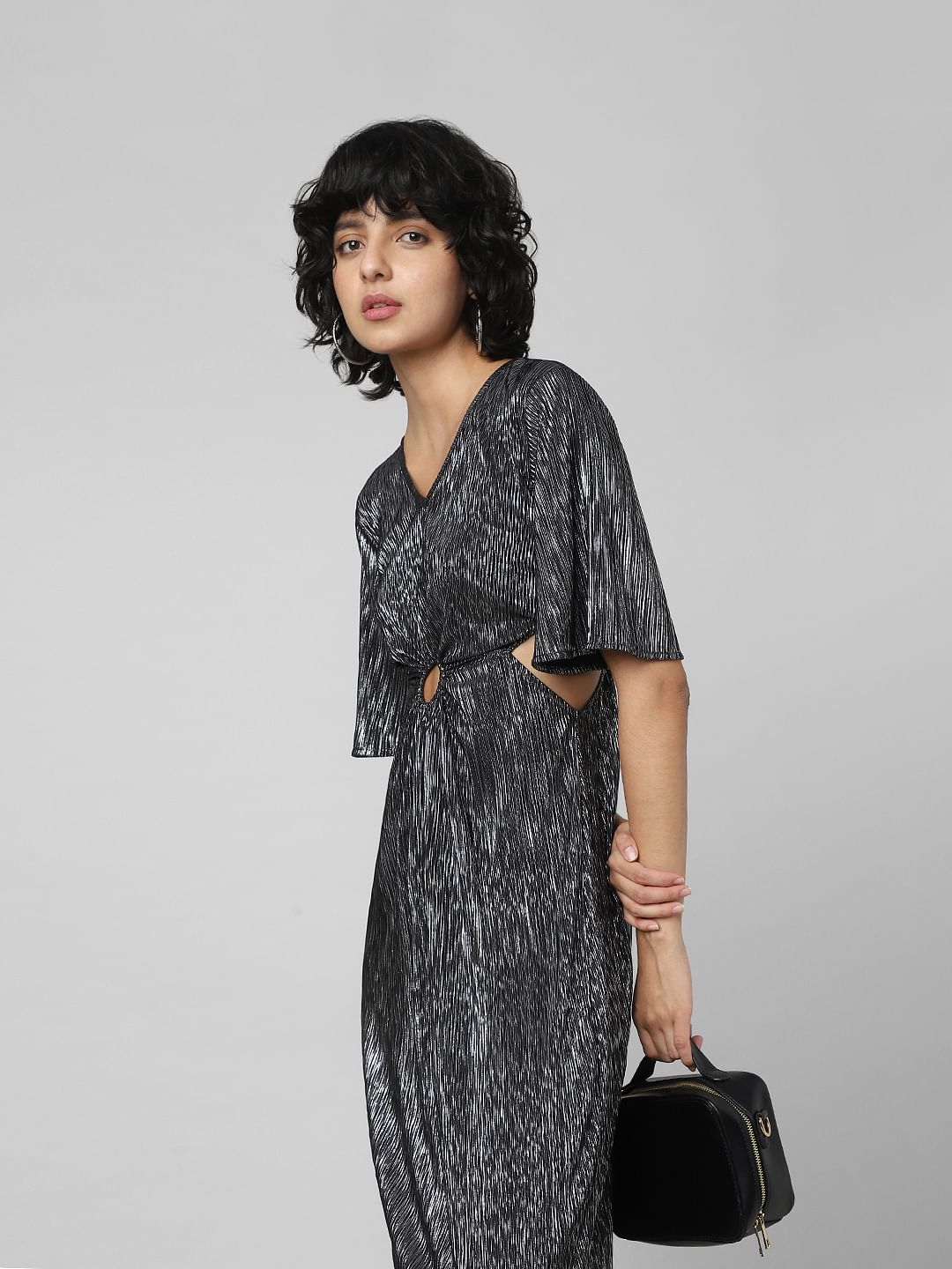 Black Cut-Out Pleated Midi Dress