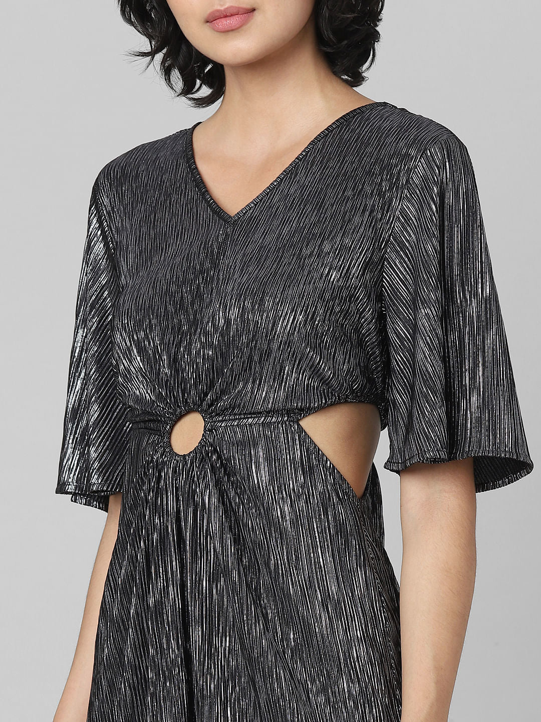 Black Cut-Out Pleated Midi Dress