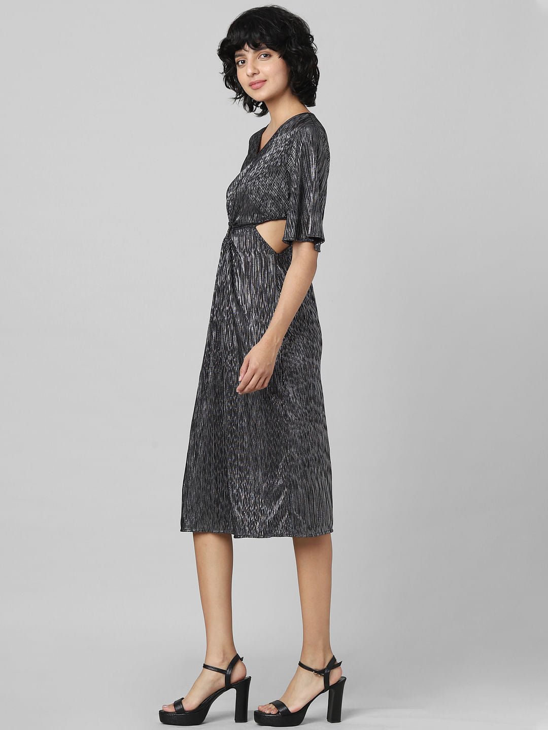 Black Cut-Out Pleated Midi Dress