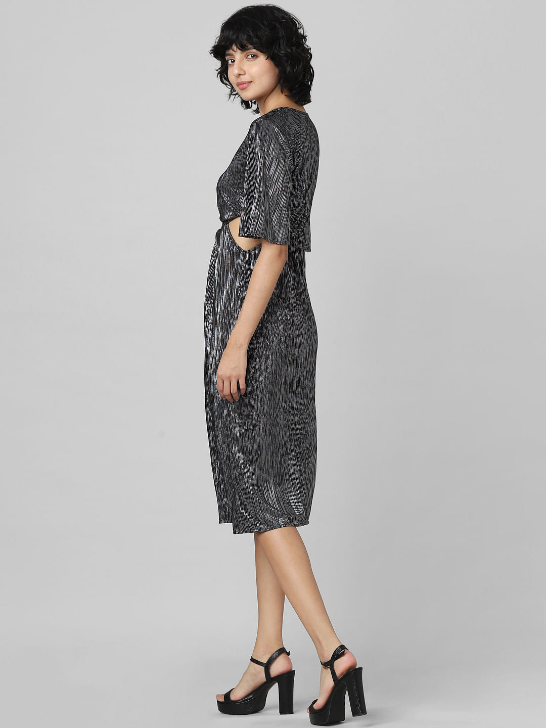 Black Cut-Out Pleated Midi Dress