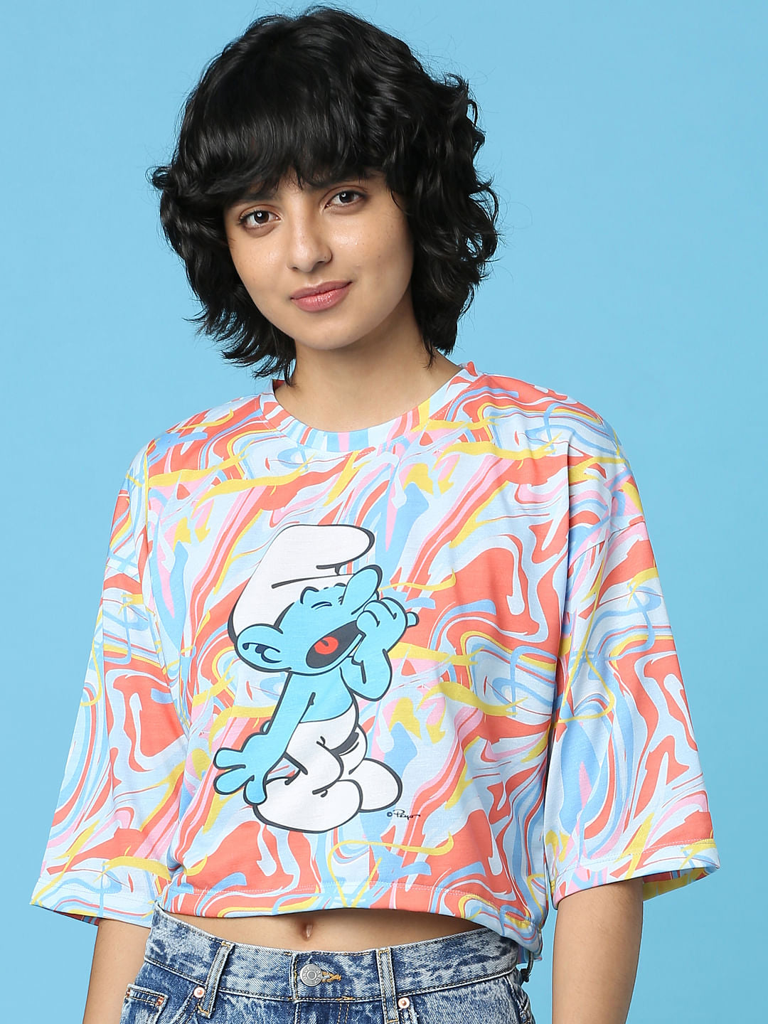 The Smurfs   X Only Blue Printed Cropped T-Shirt