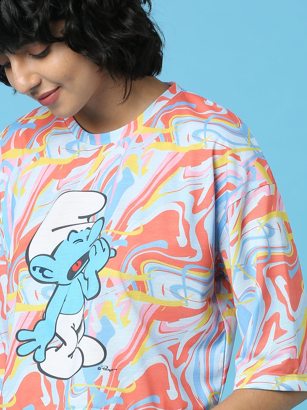 The Smurfs   X Only Blue Printed Cropped T-Shirt