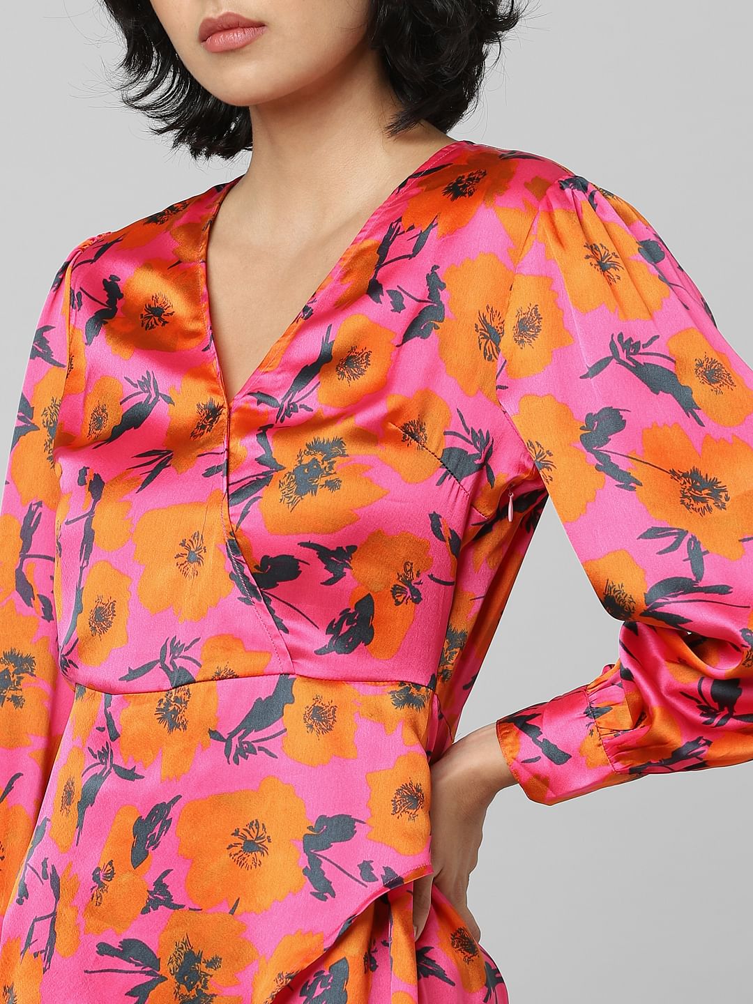 Pink Satin Printed Wrap Dress