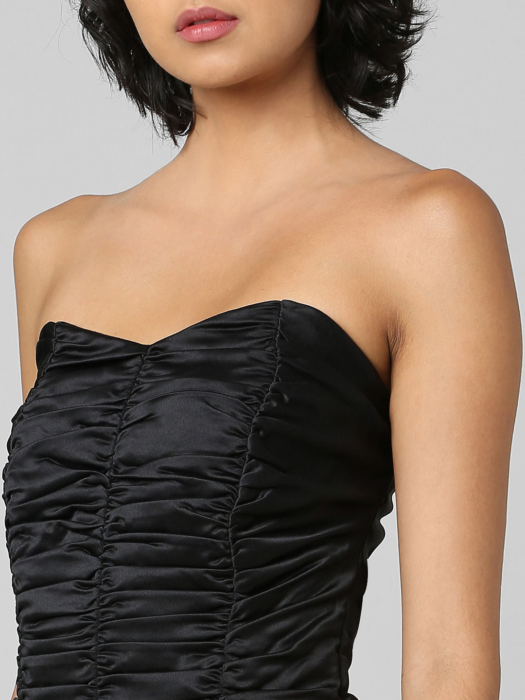 Black Off-Shoulder Draped Satin Dress