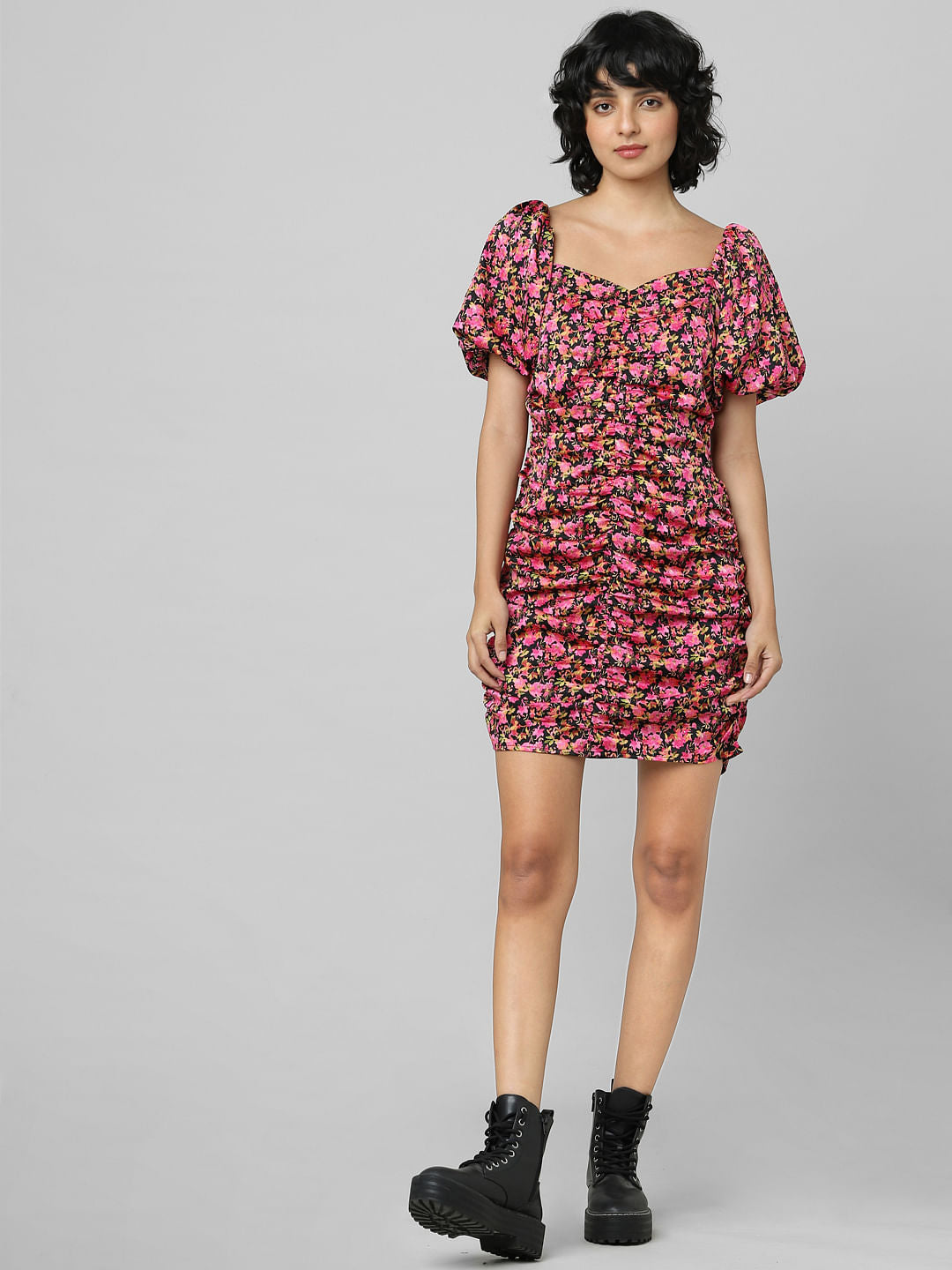 Black Floral Draped Dress