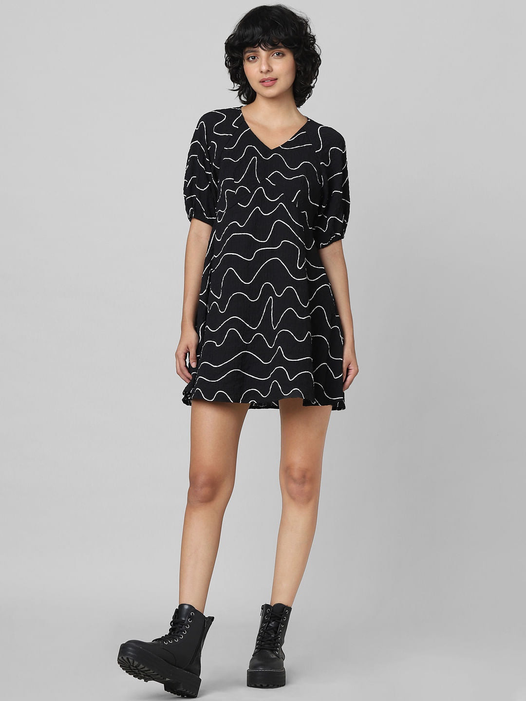 Black Printed Textured Dress