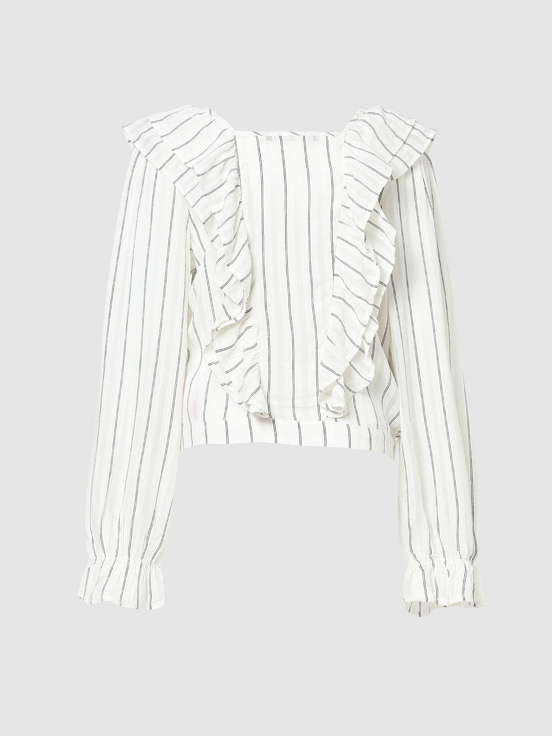 Girls White Striped Ruffle Top