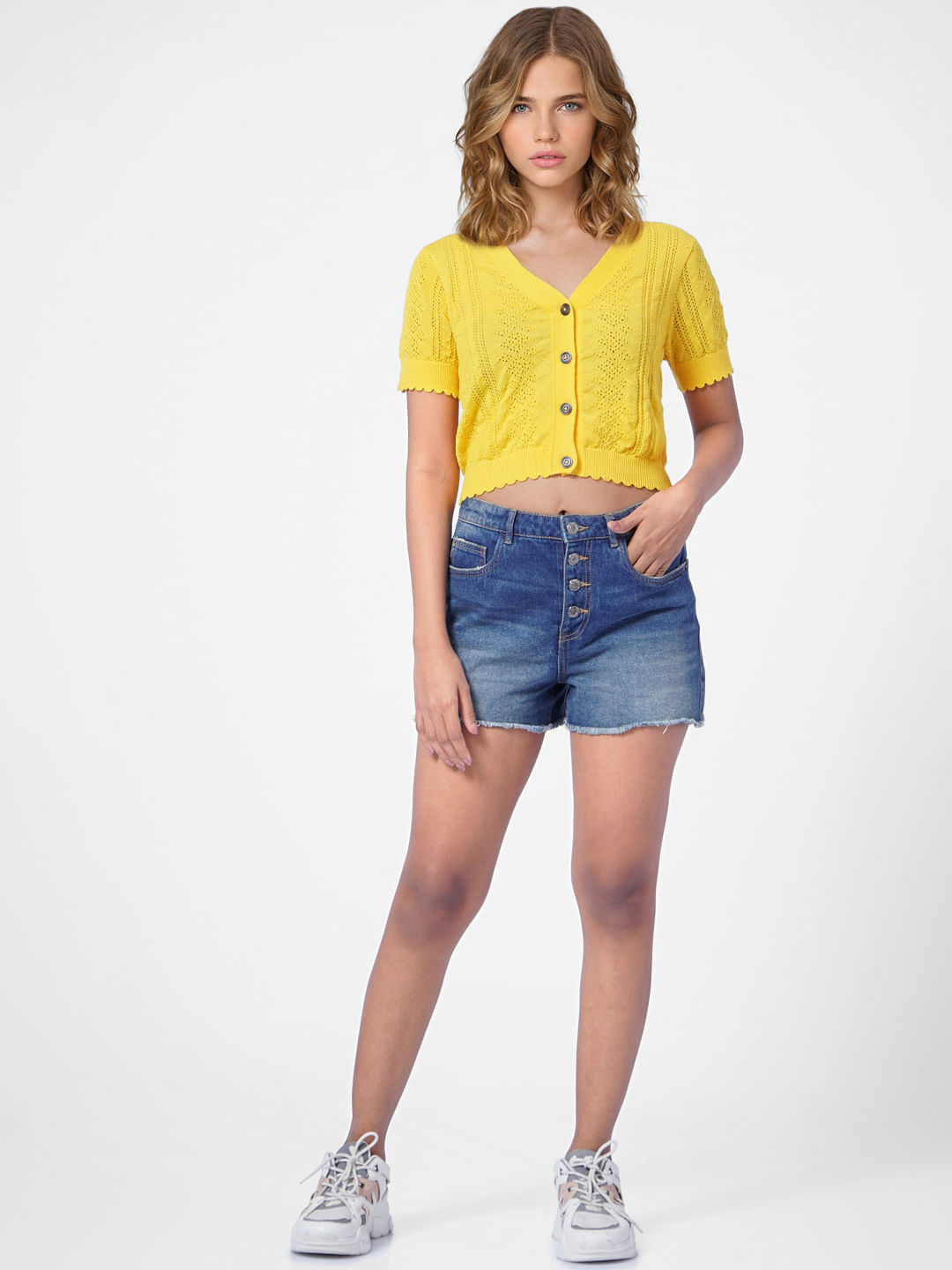 Yellow Pointelle-Knit Cropped Cardigan