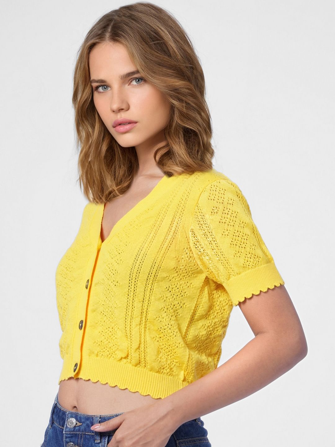 Yellow Pointelle-Knit Cropped Cardigan