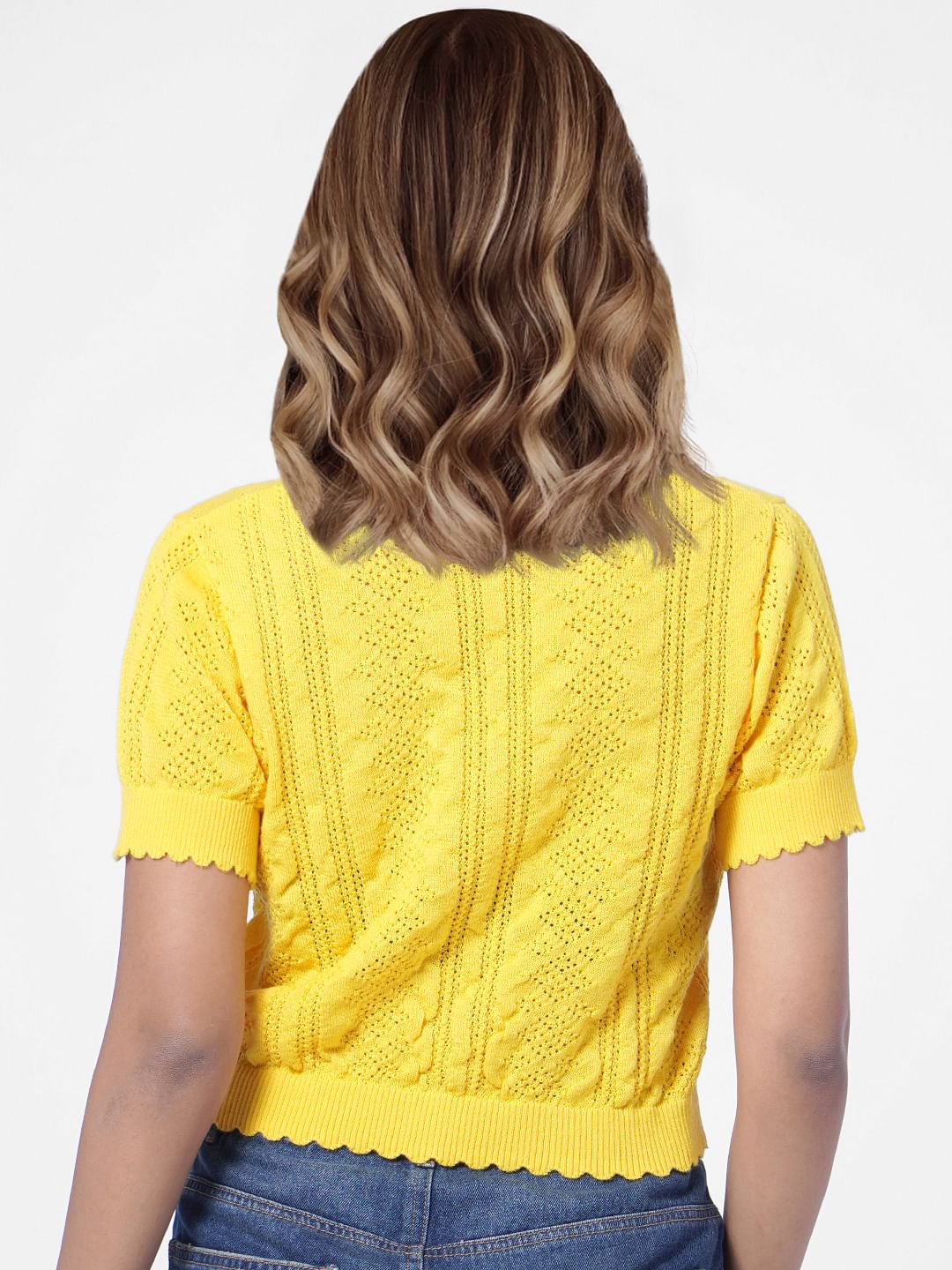 Yellow Pointelle-Knit Cropped Cardigan