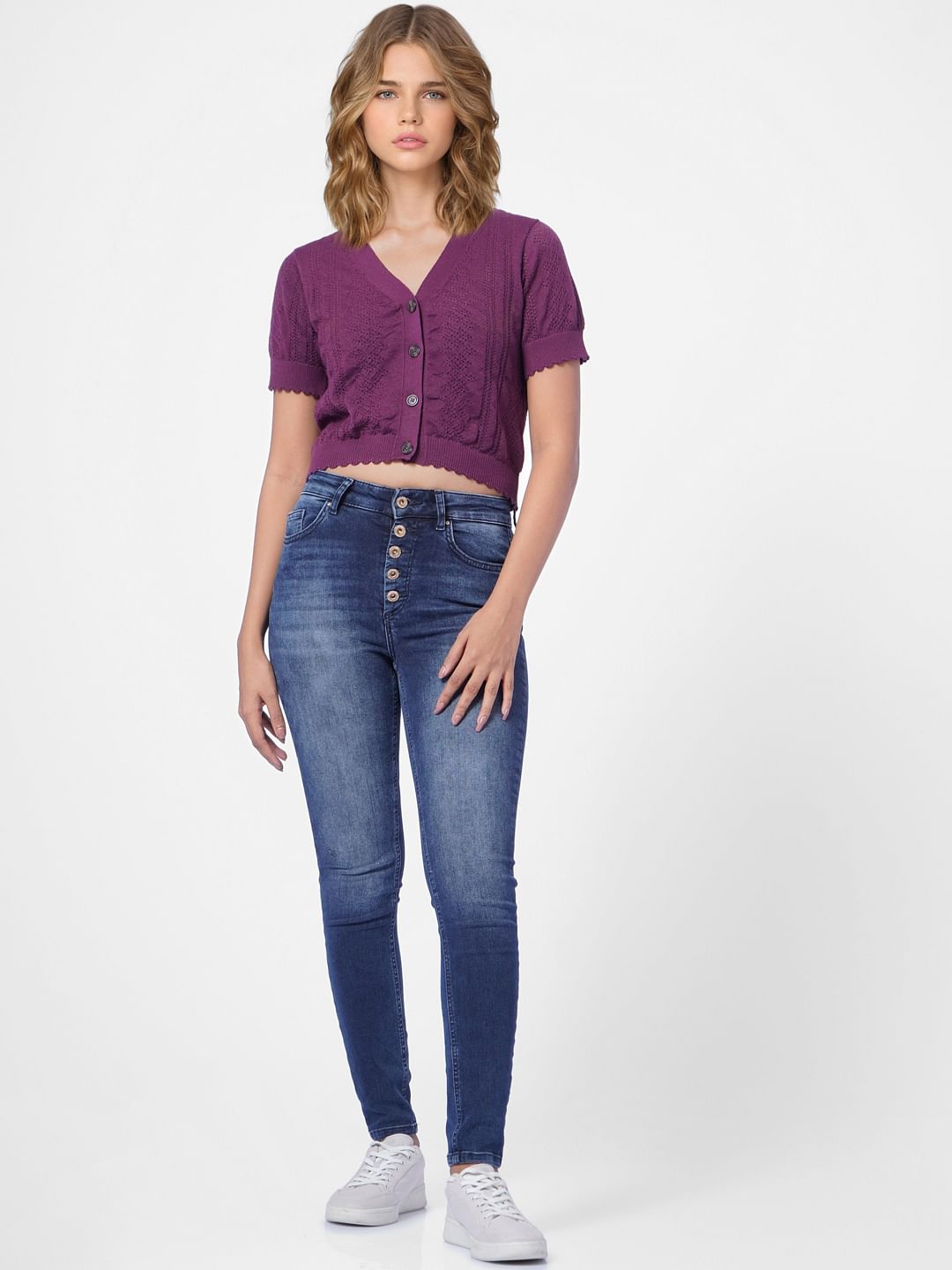 Purple Pointelle-Knit Cropped Cardigan