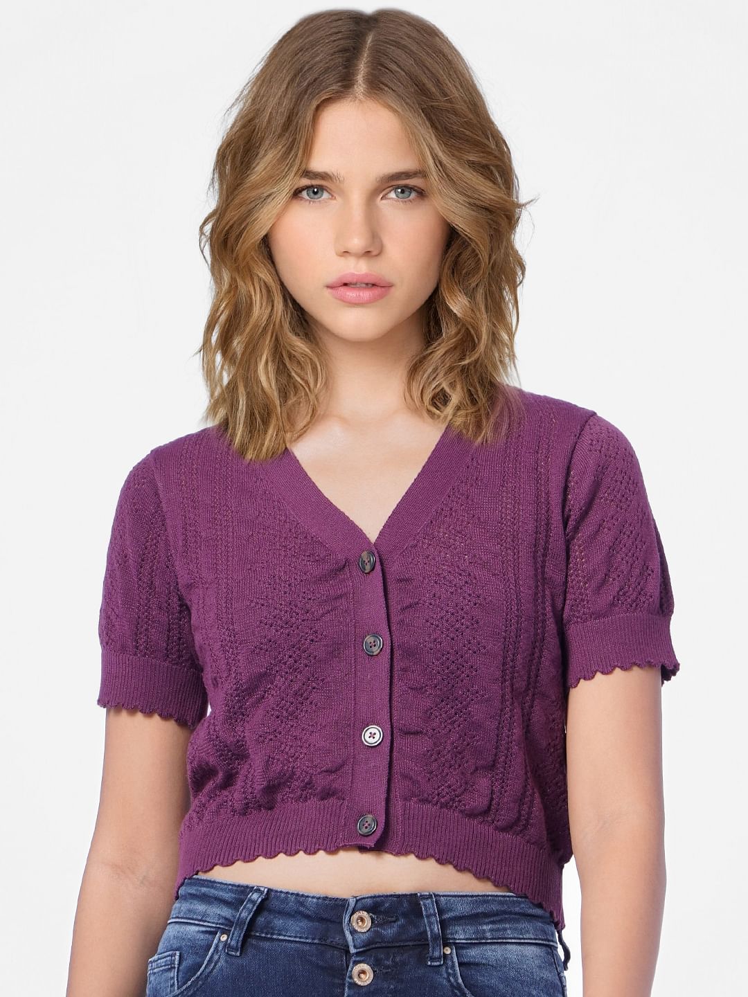 Purple Pointelle-Knit Cropped Cardigan