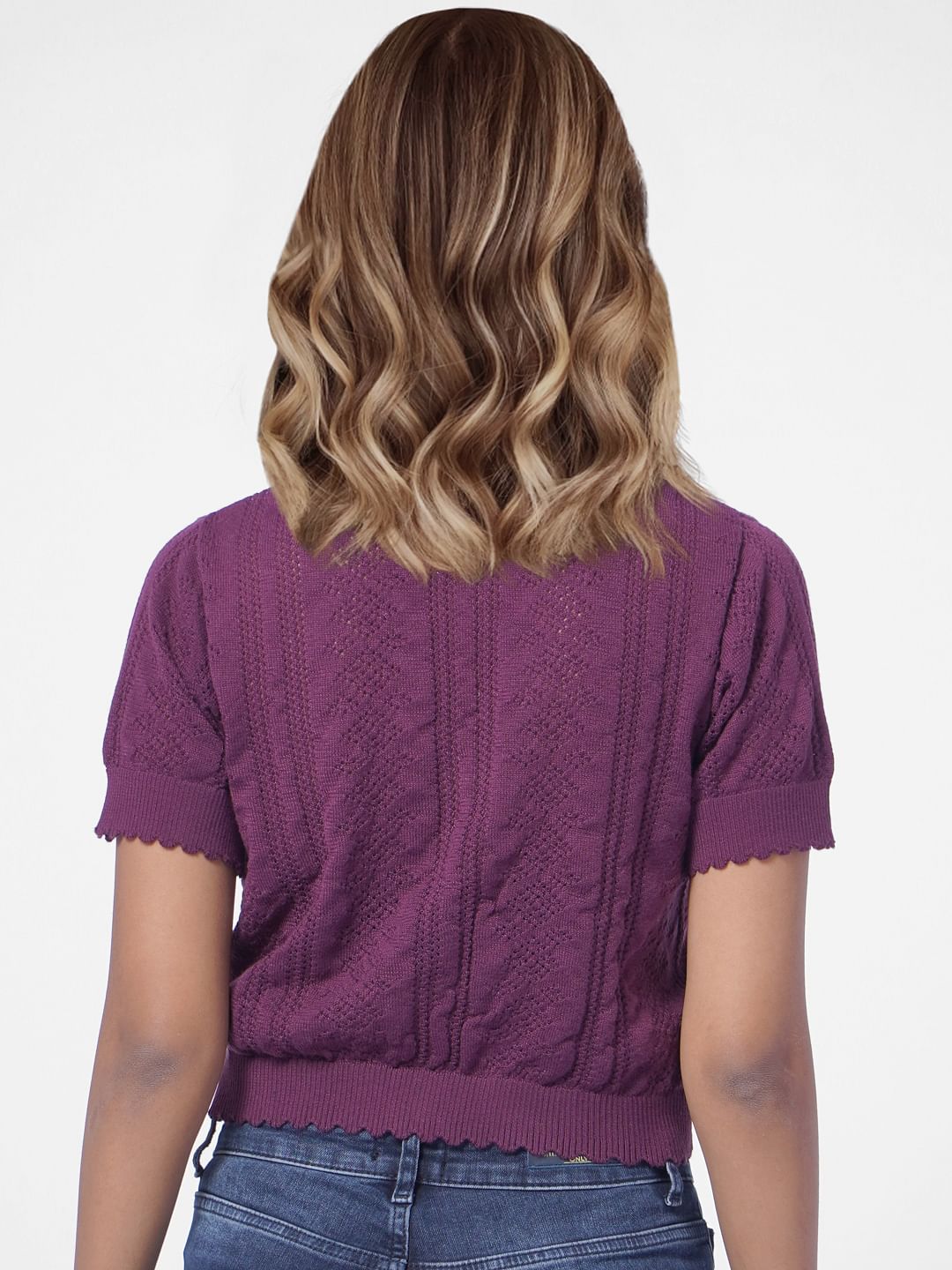 Purple Pointelle-Knit Cropped Cardigan