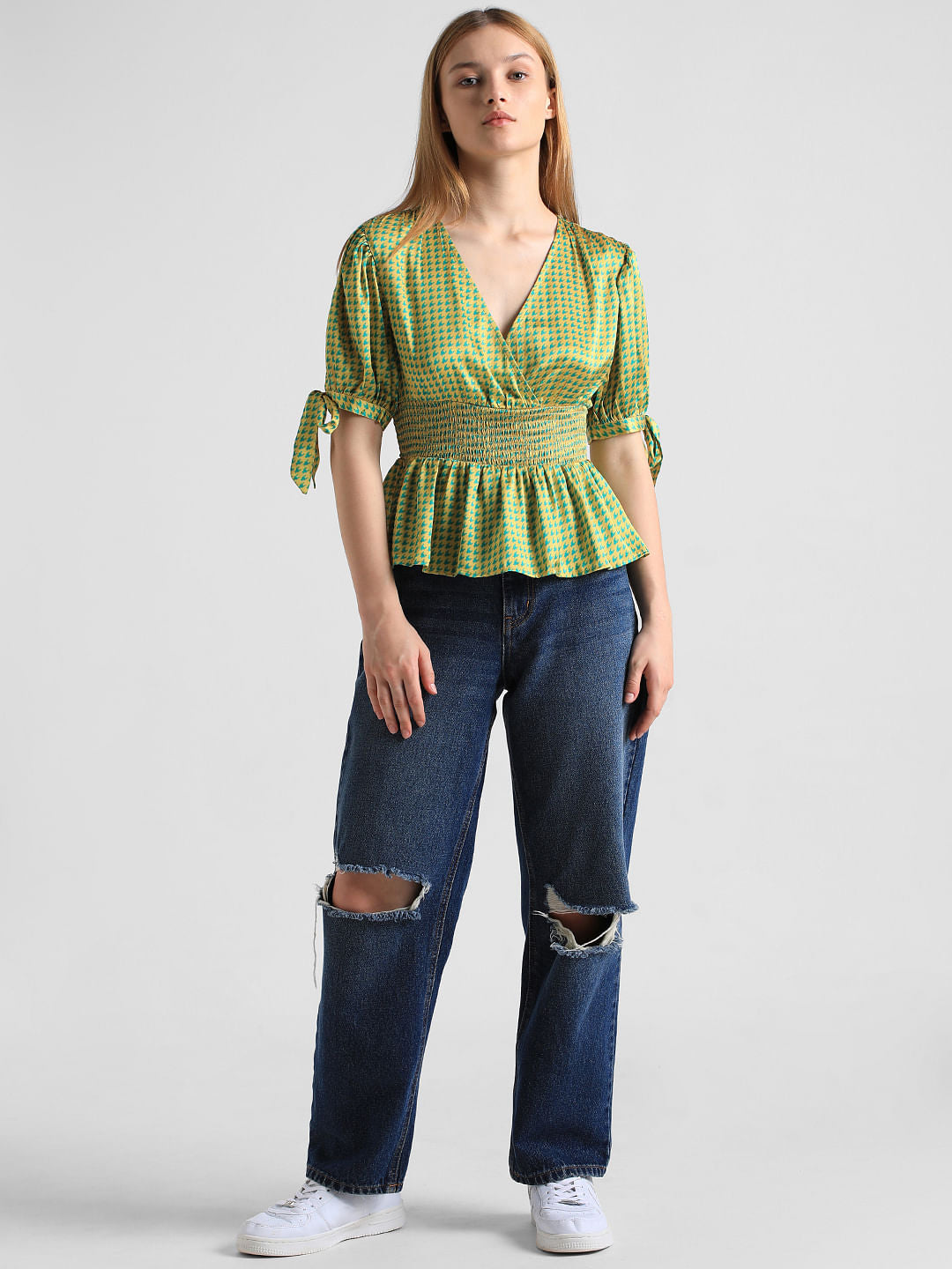 Yellow Houndstooth Print Satin Top