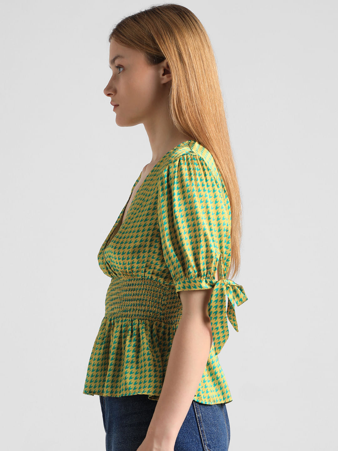 Yellow Houndstooth Print Satin Top