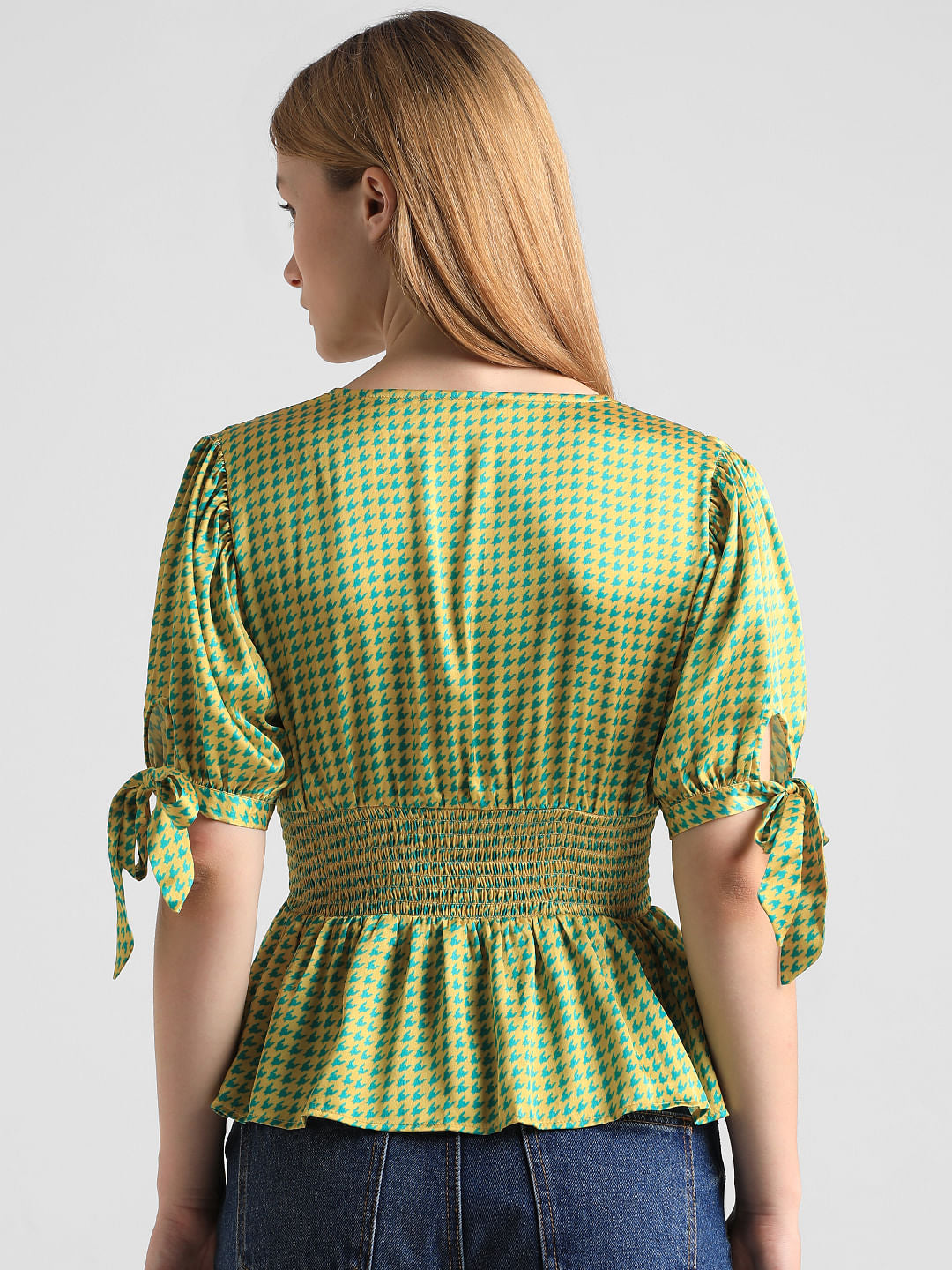 Yellow Houndstooth Print Satin Top