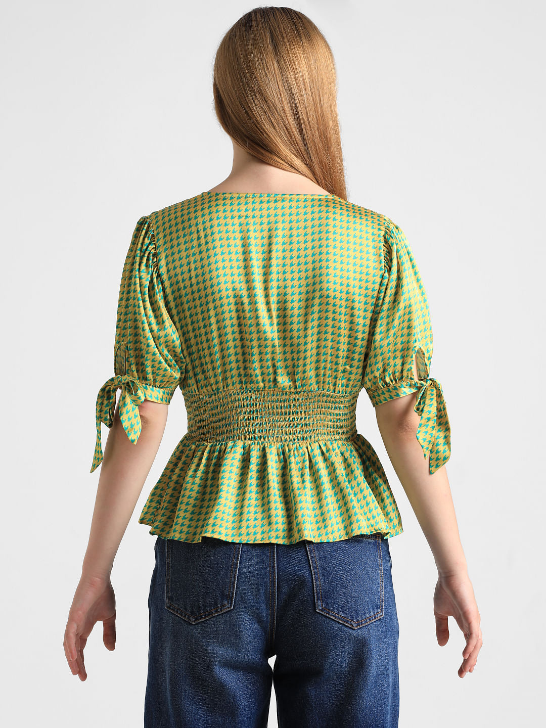 Yellow Houndstooth Print Satin Top